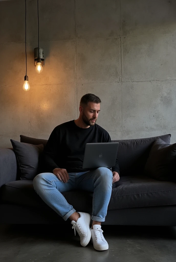 high-resolution photograph of a modern and moody interior setting featuring a man. light skin tone. He has short hair and a neatly trimmed beard and mustache. sitting comfortably on a deep gray couch. He wears an oversized black crewneck sweatshirt and light blue jeans, is focused on his MacBook pro laptop in Space Black color, giving a relaxed and casual posture. He wears clean white sneakers that contrast with the dark couch. The scene is warmly lit by hanging industrial-style pendant lamps. casting soft light and shadows on the textured concrete wall behind him. velvet cushions on the couch add a subtle pop of color, enhancing the cozy and productive atmosphere. The floor is dark concrete , and the space exudes a minimalist, contemporary vibe with an artistic edge. The image composition balances the subject and background, creating a serene and modern mood.