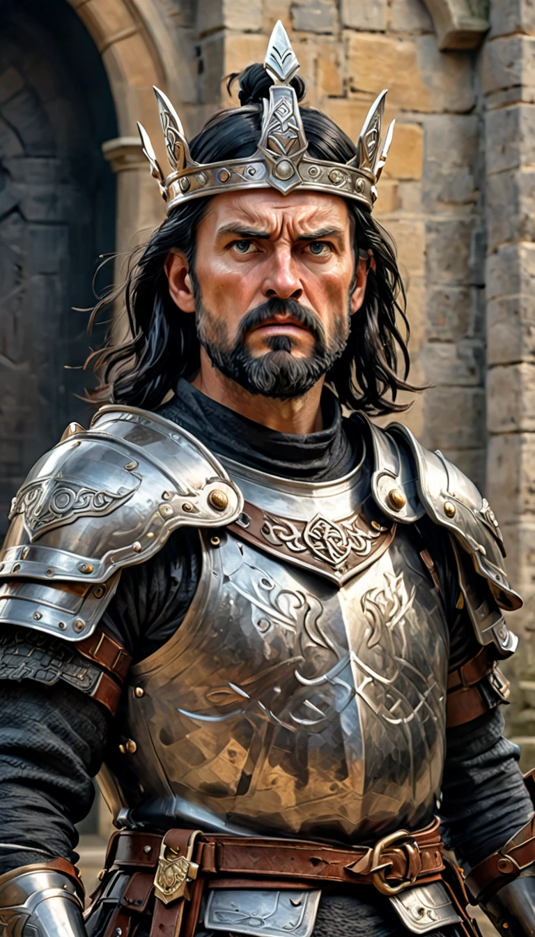 a man holding a sword, crown on head, king inside castle, fantasy style, extremely detailed face, (best quality,4k,8k,highres,masterpiece:1.2),ultra-detailed,(realistic,photorealistic,photo-realistic:1.37),40 year old man, warrior face, chest armor, (epicarmor2024, celtic face, celtic man, strong torso, angry face, scary face, black hair and beard, eyes detail)
