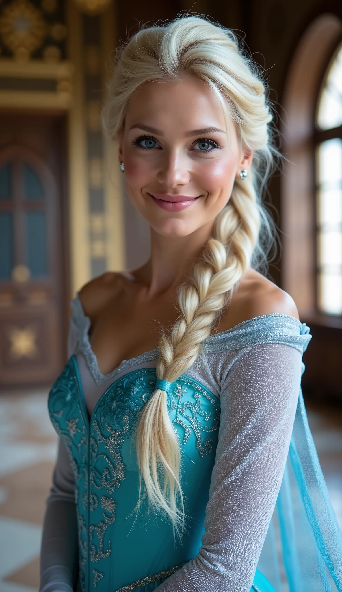 A stunning low angle portrait of Anna Kournikova as Elsa smiling , she is sexy , queen of arendelle, young and beautiful, hyper realistic, real portrait, backlit, exquisite features, cleavage, sexy, seductive, interior or an ornate castle ballroom with high ceilings, show skin, blue eyes, exposed bum