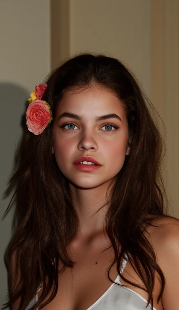 UHD, 4k, ultra detailed, cinematic, a photograph of Sharp detailed high quality image of a woman with freckles and a rose in her hair, detailed background, 12K, high megapixel, realistic, realism, different, raw image, sharp style, 1girl, solo, long hair, looking at viewer, hair ornament, flower, hair flower, lips, rose, wavy hair, portrait, red flower, freckles, red rose, epic, beautiful lighting, inpsiring