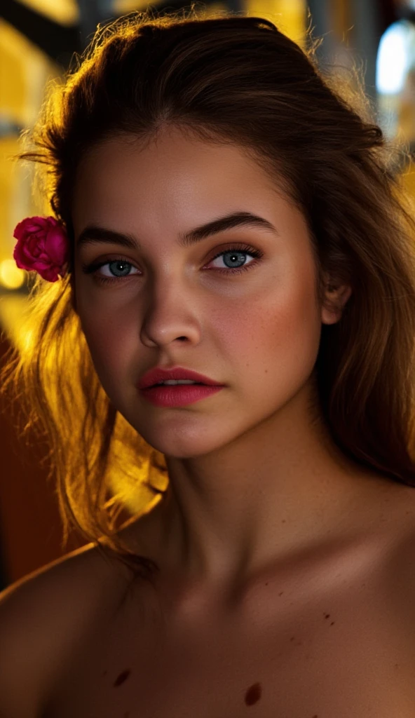 UHD, 4k, ultra detailed, cinematic, a photograph of Sharp detailed high quality image of a woman with freckles and a rose in her hair, detailed background, 12K, high megapixel, realistic, realism, different, raw image, sharp style, 1girl, solo, long hair, looking at viewer, hair ornament, flower, hair flower, lips, rose, wavy hair, portrait, red flower, freckles, red rose, epic, beautiful lighting, inpsiring