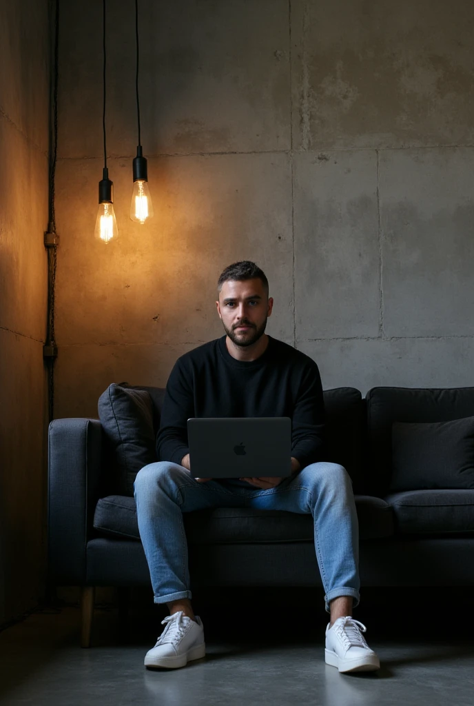 high-resolution photograph of a modern and moody interior setting featuring a man. light skin tone. He has short hair and a neatly trimmed beard and mustache. sitting comfortably on a deep gray couch. He wears an oversized black crewneck sweatshirt and light blue jeans, is focused on his MacBook pro laptop in Space Black color, giving a relaxed and casual posture. He wears clean white sneakers that contrast with the dark couch. The scene is warmly lit by hanging industrial-style pendant lamps. casting soft light and shadows on the textured concrete wall behind him. velvet cushions on the couch add a subtle pop of color, enhancing the cozy and productive atmosphere. The floor is dark concrete , and the space exudes a minimalist, contemporary vibe with an artistic edge. The image composition balances the subject and background, creating a serene and modern mood.