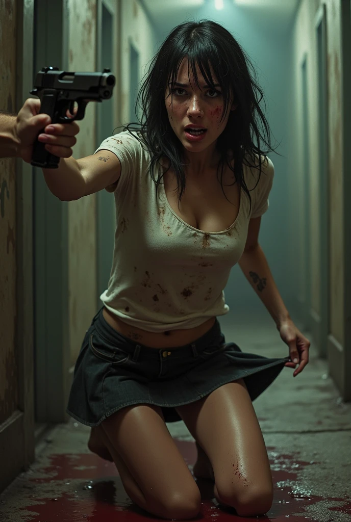 Woman in miniskirt crawling