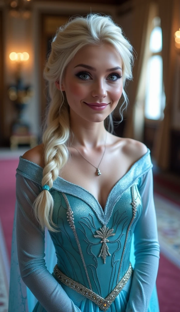 A stunning full body portrait of Anna Kournikova as Elsa smiling , she is sexy , queen of arendelle, young and beautiful, hyper realistic, real portrait, backlit, exquisite features, cleavage, sexy, seductive, interior or an ornate castle ballroom with high ceilings, show skin, blue eyes, exposed bum