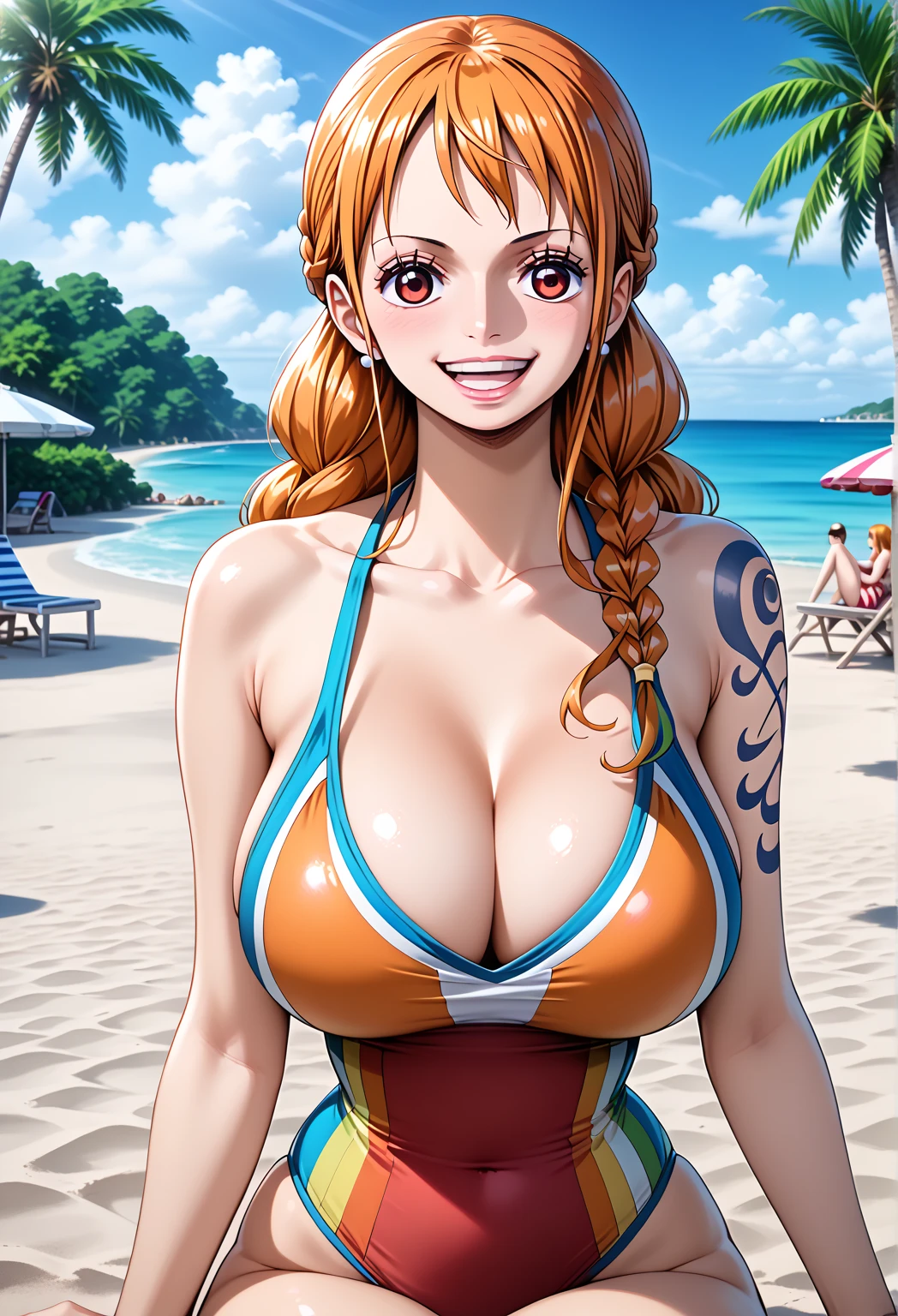  ( top quality, 4K, 8k,  high definition , masterpiece:1.2),  super detailed , ( realistic , photo realistic , photo- realistic :1.37) , Official Art , drawn in anime style , Nami in One Piece,Beautiful pale orange hair,bun, braids , Dominant Smile ,Left shoulder tattoo, Big Breasts ,(rainbow-colored swimsuit nsfw :1.5),((Exposing your belly)),( enjoy a vacation by drinking tropical juice at sea),Sit on a beach chair ,(Beautiful Rainbow), palm trees, beautiful sandy beaches,The art style is similar to the Charming anime style.  rendering. For enhanced visual effect, Add HDR, 超 high definition ,  Studio Lighting , Fine painting,  sharp concentration , physically-based rendering,  detailed description ,  Professional ,  bright color, no blur, stable diffusion professional prompt、Please enter as is, Generate realistic anime style for Nami in One Piece ,((( top quality))), (( super detailed )),((masterpiece:1.5)),  detailed pictures, ( top quality: 1.4), ( One Girl ) , beautiful skin, Charming, 超 high definition ,  high image quality, (Sexually excited:1.5), cinematic lighting:1.2, Sunshine Spot:1.3,Perfect means, perfect limb,Perfect means