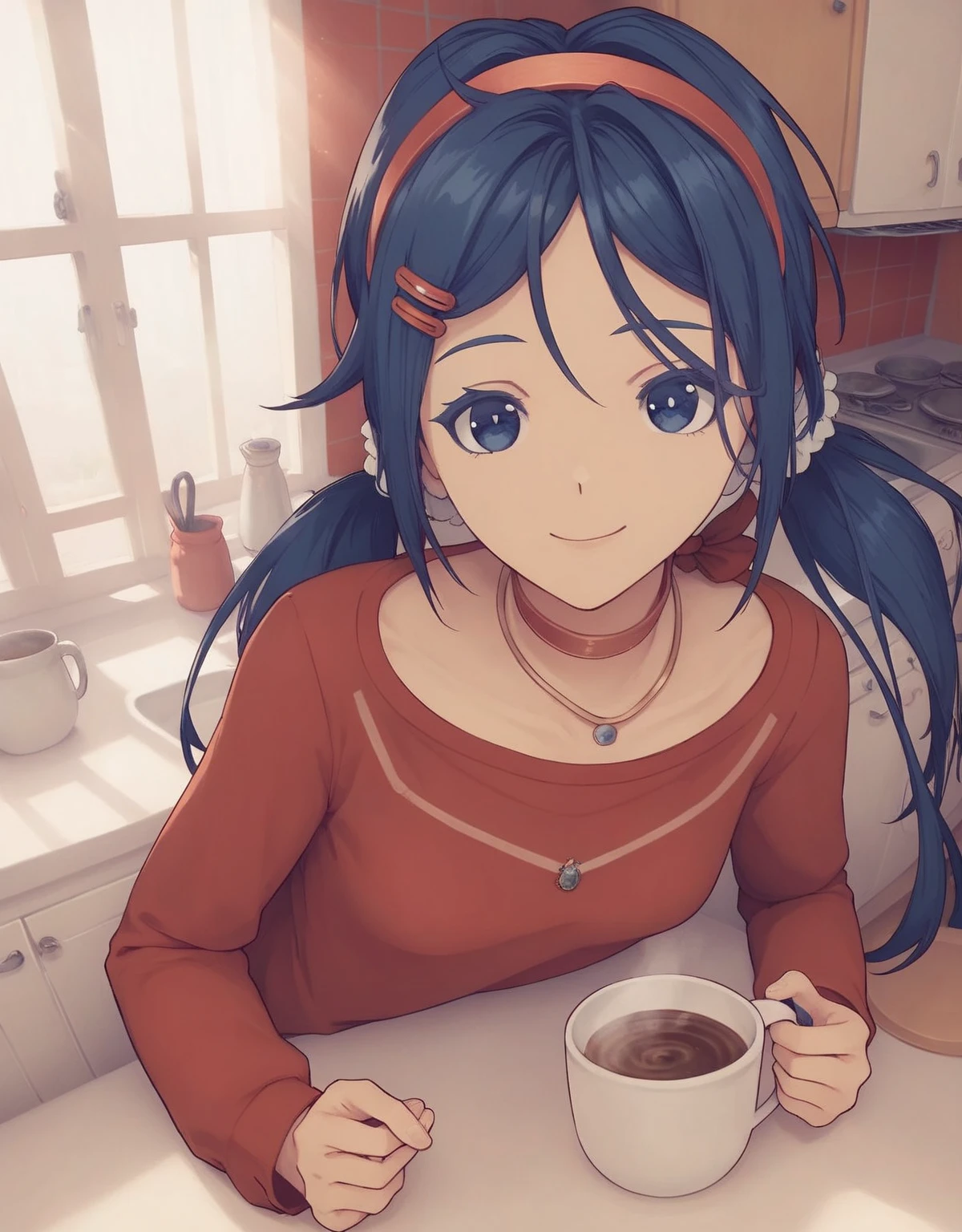 hair swings ,  Cool smile ,over a cup of coffee,
 mitabase , itsmita 1 girl  ,  hair ornament,  long hair,  hairband,  hairpin , twintails,  blue eyes ,  blue hair , red  hairband, necklace,  long sleeves,  shirt , clavicle, red  shirt ,  medium chest ,in the kitchen,echid face  ((( background: kitchen))), (score_9, score_8_up, score_7_up)