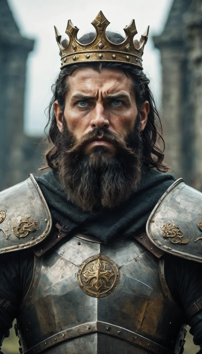 a man holding a sword, crown on head, king inside castle, fantasy style, extremely detailed face, (best quality,4k,8k,highres,masterpiece:1.2),ultra-detailed,(realistic,photorealistic,photo-realistic:1.37),40 year old man, warrior face, chest armor, (epicarmor2024, celtic face, celtic man, strong torso, angry face, scary face, black hair and beard, eyes detail)
