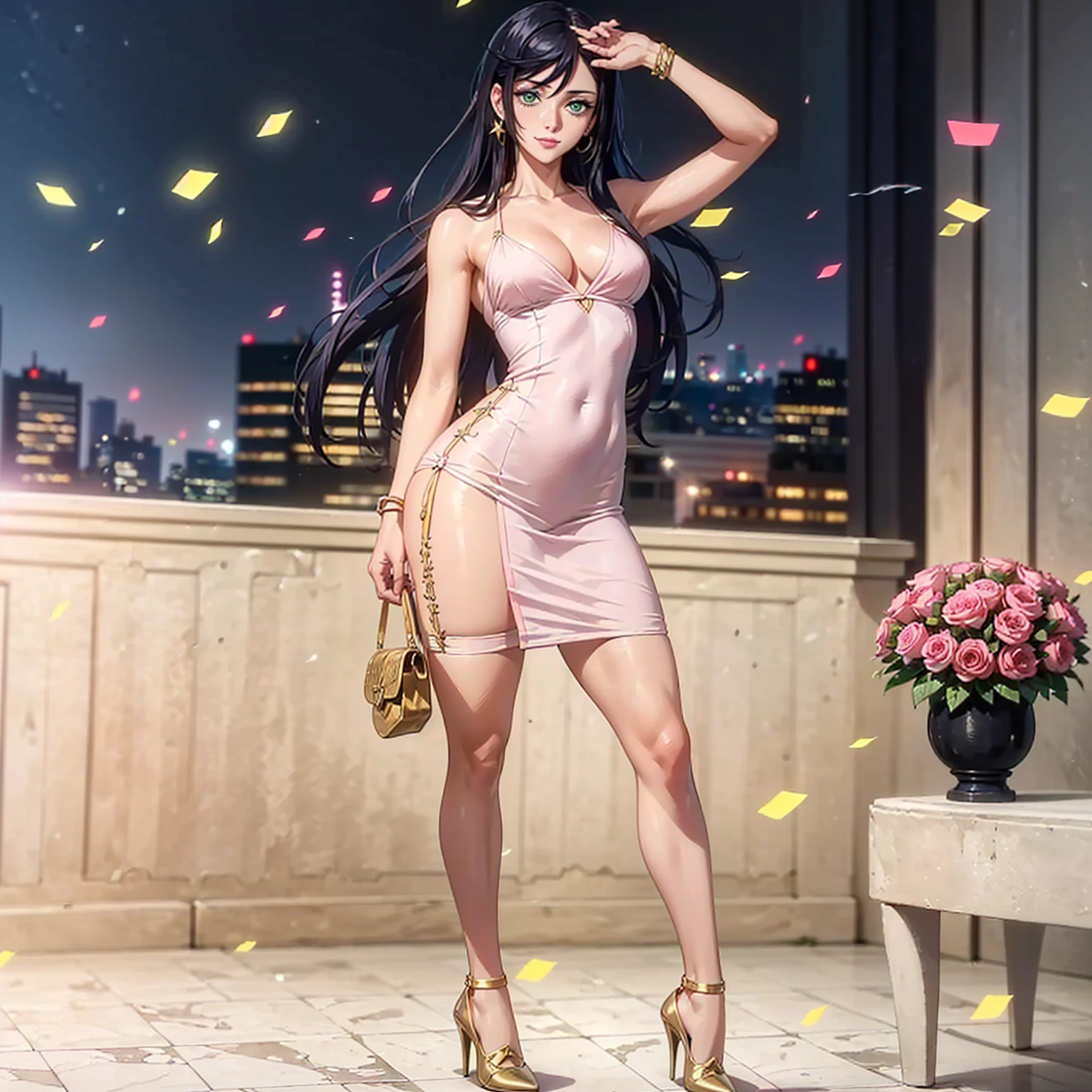 ((1girl, solo ,alone, ((brunehilde, long hair, black hair, green eyes)), gold bracelets, ruby earrings)), ((solo, 1woman, pink lipstick, Extremely detailed, ambient soft lighting, 4k, perfect eyes, a perfect face, perfect lighting, a 1girl)), austere, ((fitness,, shapely body, athletic body, toned body)), ((white dress, dress with gold embroidery, a-line dress, high heels, silver, new year, new year's eve, fireworks, 2025, happy new year, happy 2025, new year's party, window, night, stars, balloons, new year decoration, terrace, buildings, skyscraper, balcony, smug, party, confetti, marble floor, bag))