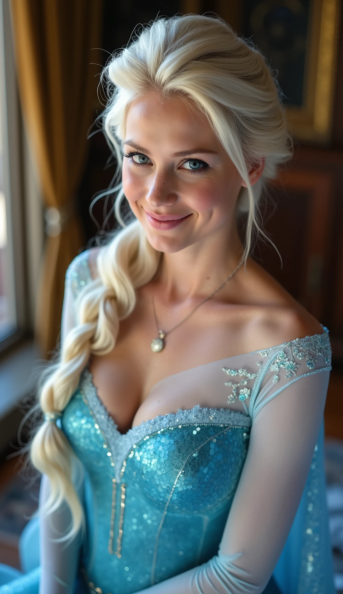 A stunning high angle portrait of Anna Kournikova as Elsa smiling , she is sexy , queen of arendelle, young and beautiful, hyper realistic, real portrait, backlit, exquisite features, cleavage, sexy, seductive, interior or an ornate castle ballroom with high ceilings, show skin, blue eyes, exposed bum