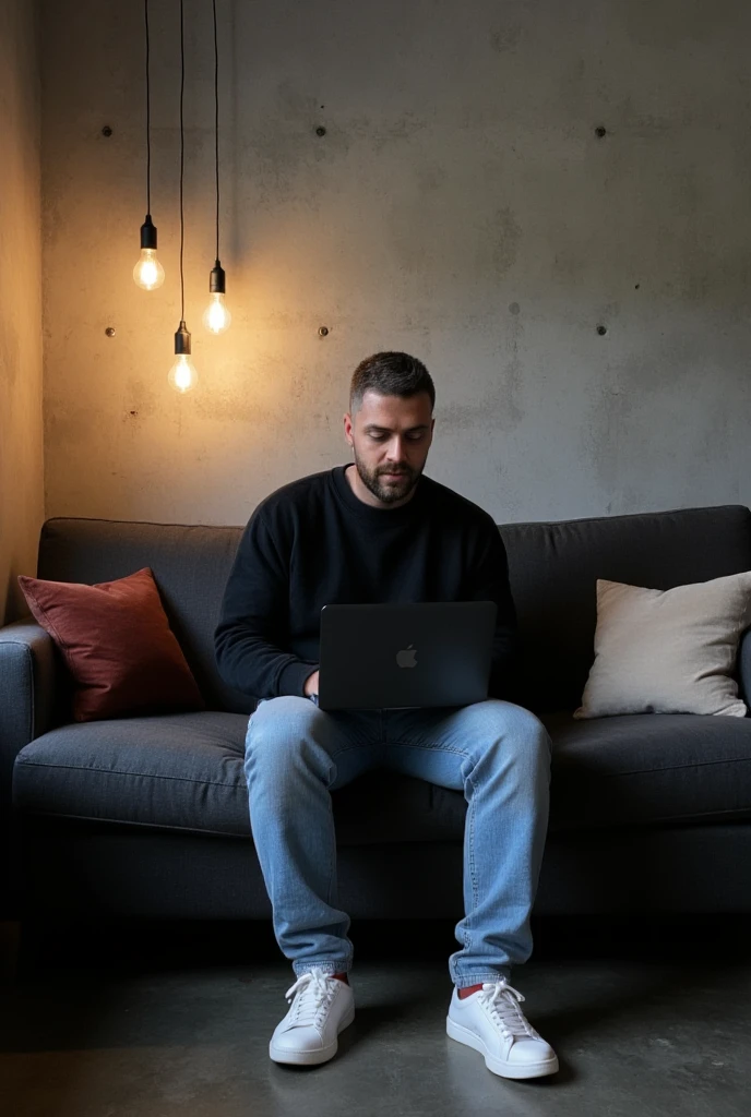 high-resolution photograph of a modern and moody interior setting featuring a man. light skin tone. He has short hair and a neatly trimmed beard and mustache. sitting comfortably on a deep gray couch. He wears an oversized black crewneck sweatshirt and light blue jeans, is focused on his MacBook pro laptop in Space Black color, giving a relaxed and casual posture. He wears clean white sneakers that contrast with the dark couch. The scene is warmly lit by hanging industrial-style pendant lamps. casting soft light and shadows on the textured concrete wall behind him. velvet cushions on the couch add a subtle pop of color, enhancing the cozy and productive atmosphere. The floor is dark concrete , and the space exudes a minimalist, contemporary vibe with an artistic edge. The image composition balances the subject and background, creating a serene and modern mood.