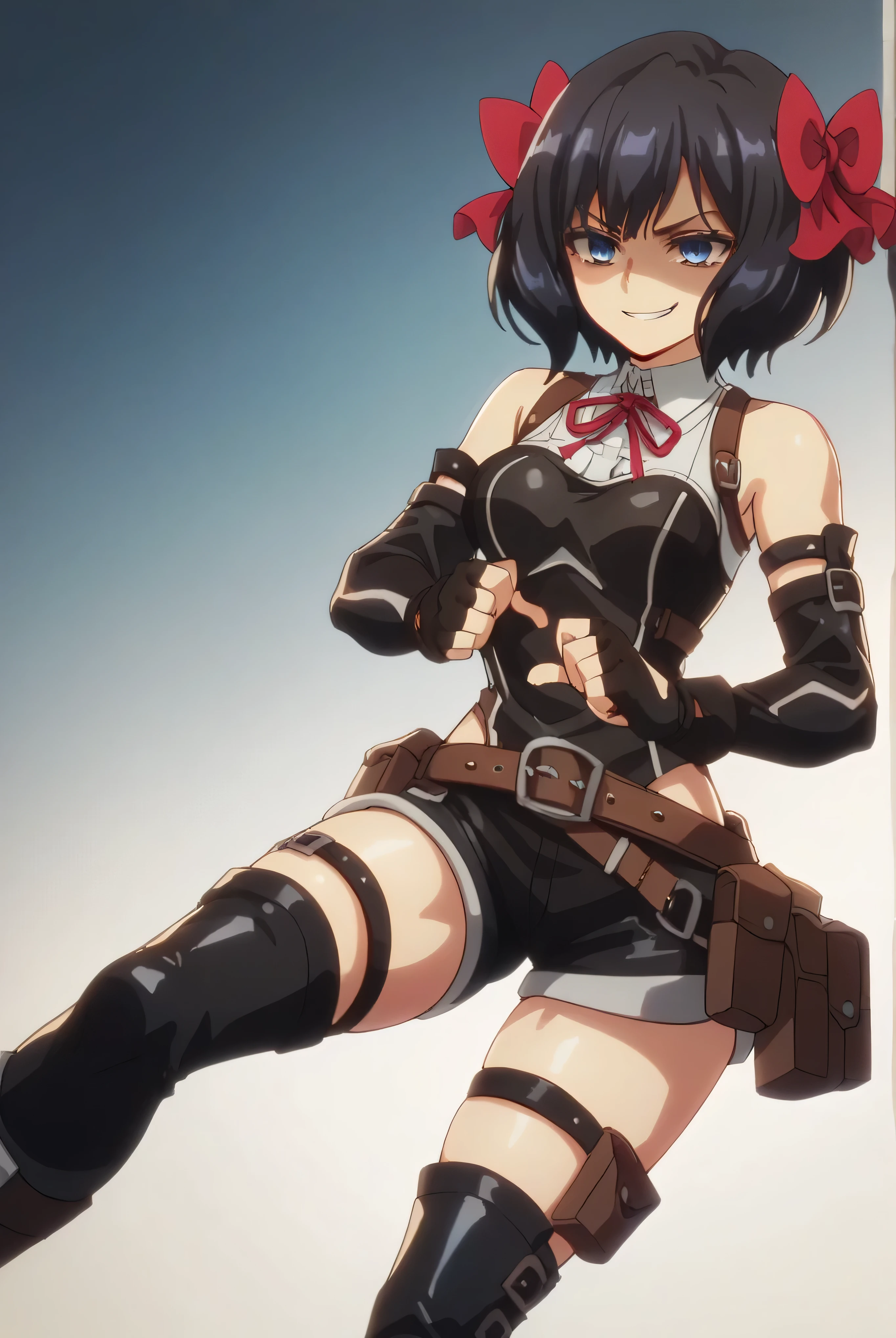 (score_9,score_8_up,score_7_up, ),TXWL_DN,1girl,Alone,black hair,fingerless gloves,thighhighs,blue eyes,short hair,black thighhighs,shade shaded face(eyes in shadow),,red ribbon,black gloves,hair bow,belt,detached sleeves,black latex shorts,belt pouch,cowboy_shot,,,shirt,latex thighhigh_boots,evil smirk,,feet,violence,Devastation,