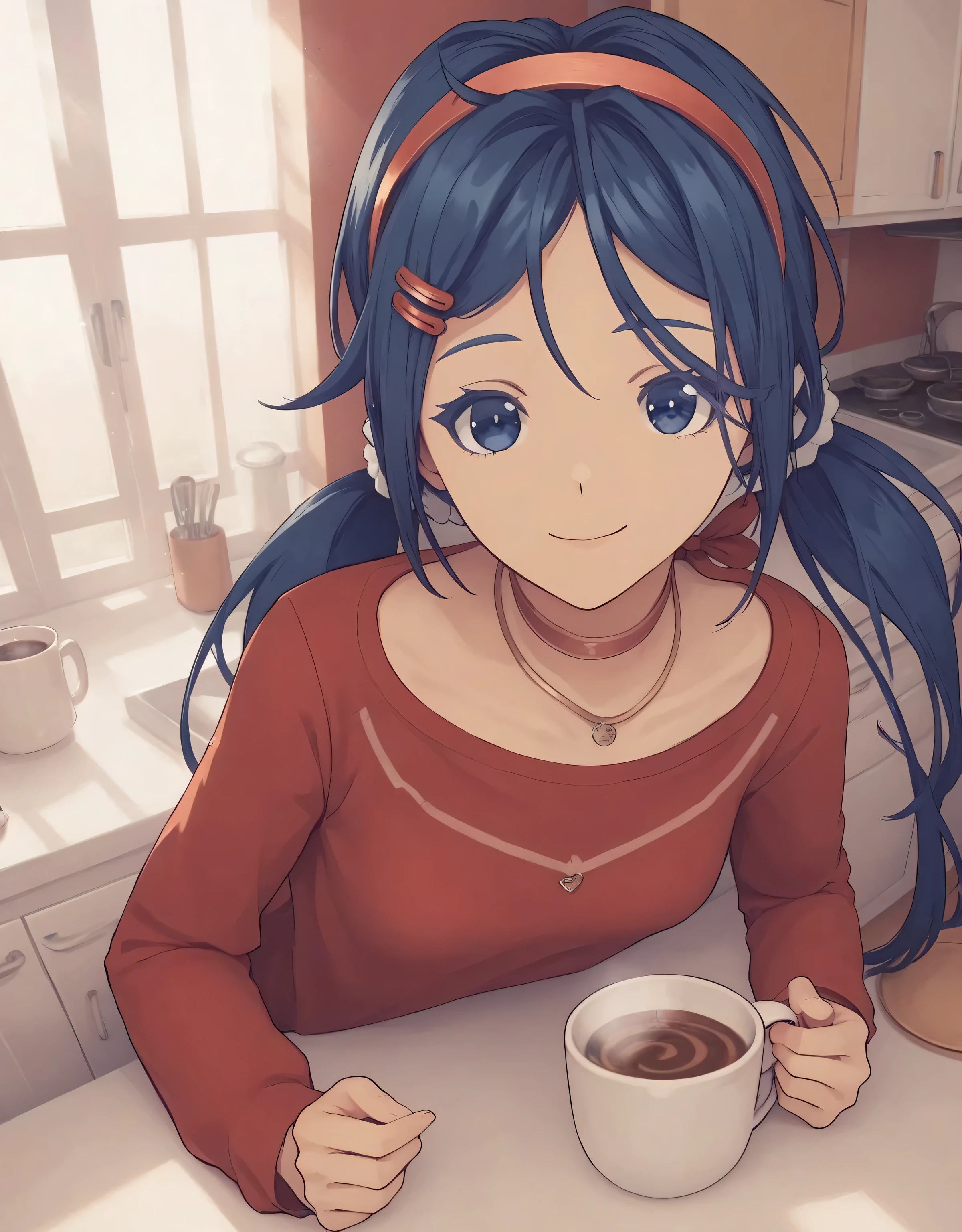 hair swings ,  Cool smile ,over a cup of coffee,
 mitabase , itsmita 1 girl  ,  hair ornament,  long hair,  hairband,  hairpin , twintails,  blue eyes ,  blue hair , red  hairband, necklace,  long sleeves,  shirt , clavicle, red  shirt ,  medium chest ,in the kitchen,echid face  ((( background: kitchen))), (score_9, score_8_up, score_7_up)