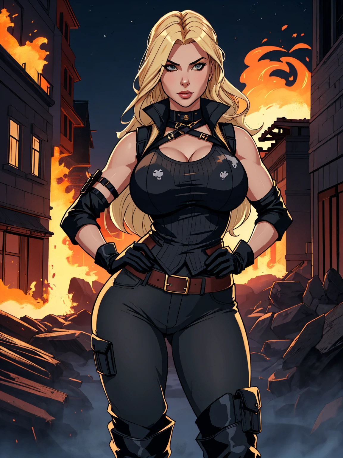 score_9, score_8_up, score_7_up, masterpiece, high quality, BREAK
high quality a sensual woman, sexy body, sexy waist, sensual waist, big breasts, big breasts, big ass, long hair, blonde hair, skull print vest, gloves, top, belt, pants, thigh holster, bag, boots, hands on hips, night scenery, city, smoke, fire, night.