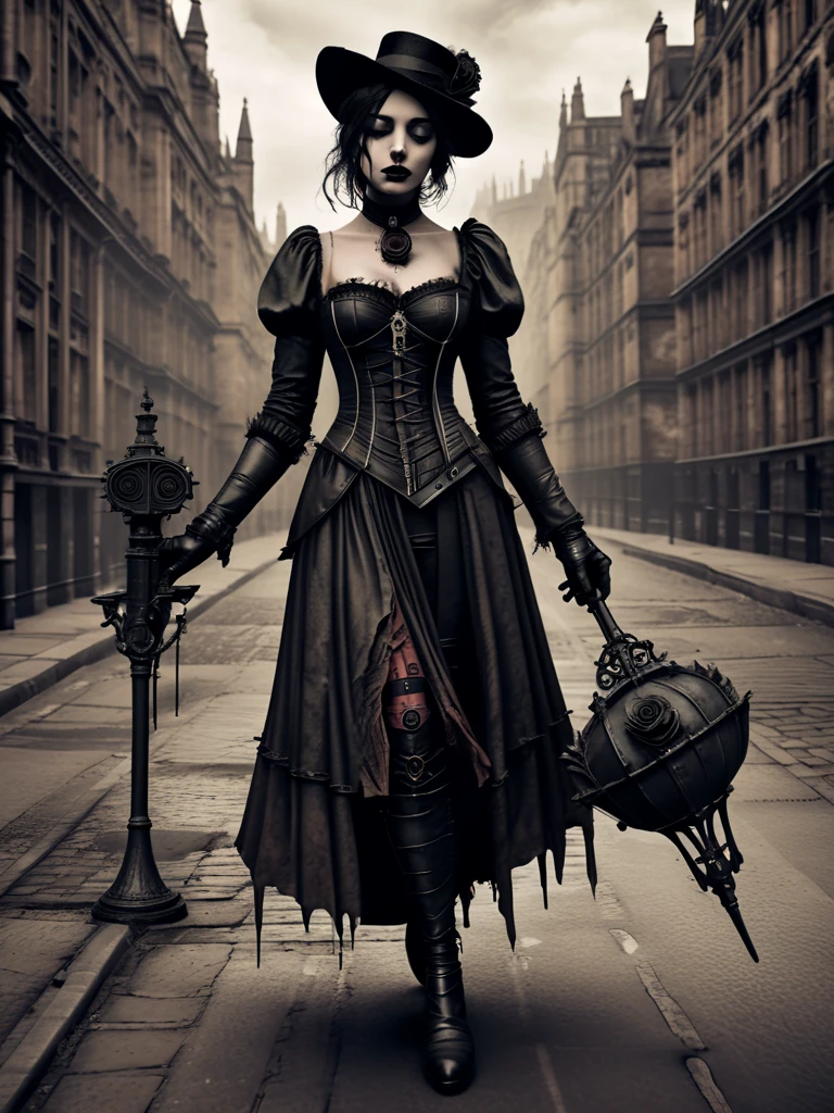 an undead woman in a steampunk uniform searches a street of a semi-abandoned gothic village, next to her some grotesque and surreal undead characters
