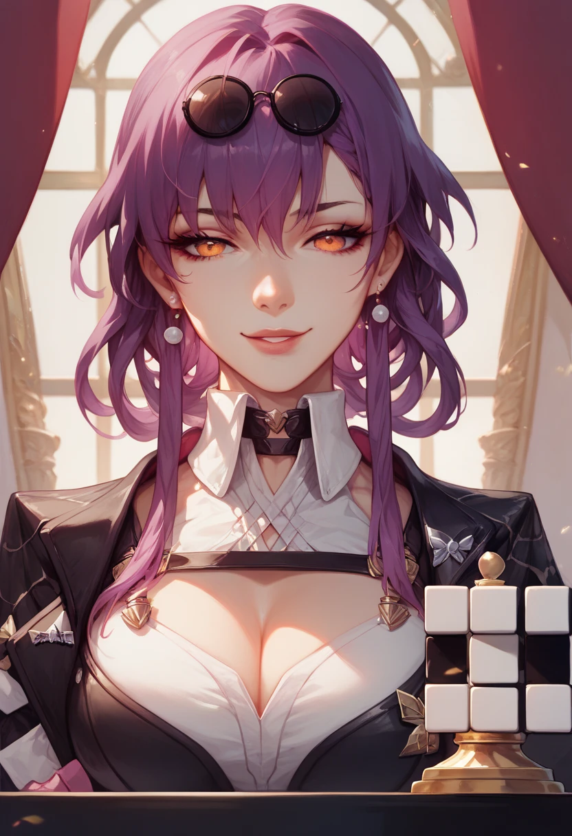 Ultra high quality, masterpiece an anime-style character with purple hair hair styled in long braids, playing chess on morning park background . She is dressed in a glossy black latex outfit, including a choker, emphasizing her bold and edgy aesthetic. Her expression is sly and self-assured, with golden-orange eyes and a subtle smirk. The setting appears to be an elegant personal room playing chess on wooden chess board  in the background, adding a sophisticated touch to the overall scene big boobies