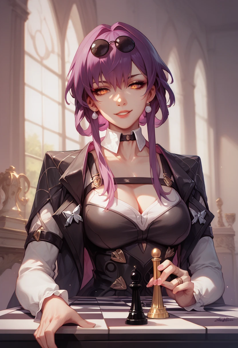 Ultra high quality, masterpiece an anime-style character with purple hair hair styled in long braids, playing chess on morning park background . She is dressed in a glossy black latex outfit, including a choker, emphasizing her bold and edgy aesthetic. Her expression is sly and self-assured, with golden-orange eyes and a subtle smirk. The setting appears to be an elegant personal room playing chess on wooden chess board  in the background, adding a sophisticated touch to the overall scene big boobies