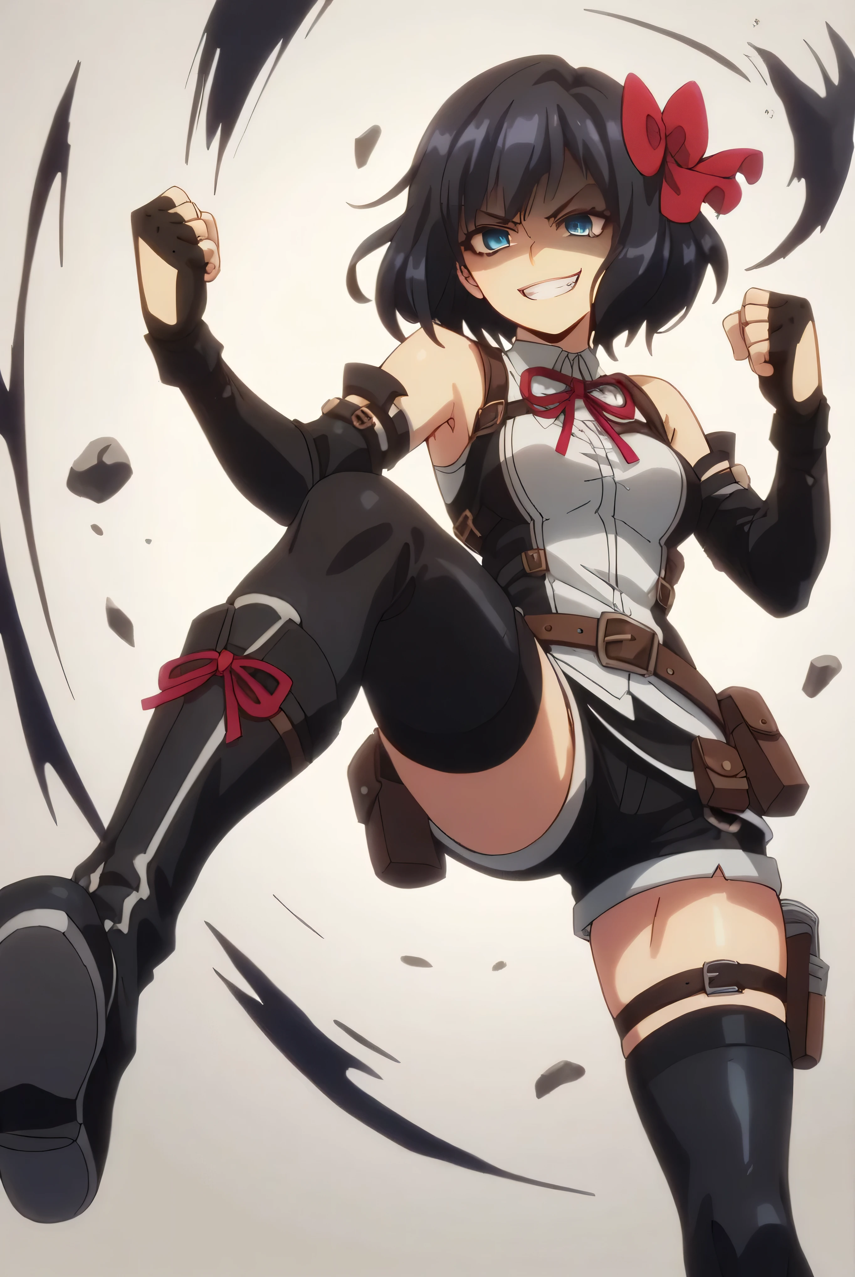 (score_9,score_8_up,score_7_up, ),TXWL_DN,1girl,Alone,black hair,fingerless gloves,thighhighs,blue eyes,short hair,black thighhighs,shade shaded face(eyes in shadow),,red ribbon,black gloves,hair bow,belt,detached sleeves,black latex shorts,belt pouch,cowboy_shot,,,shirt,latex thighhigh_boots,evil smirk,,feet,violence,Devastation,kick,