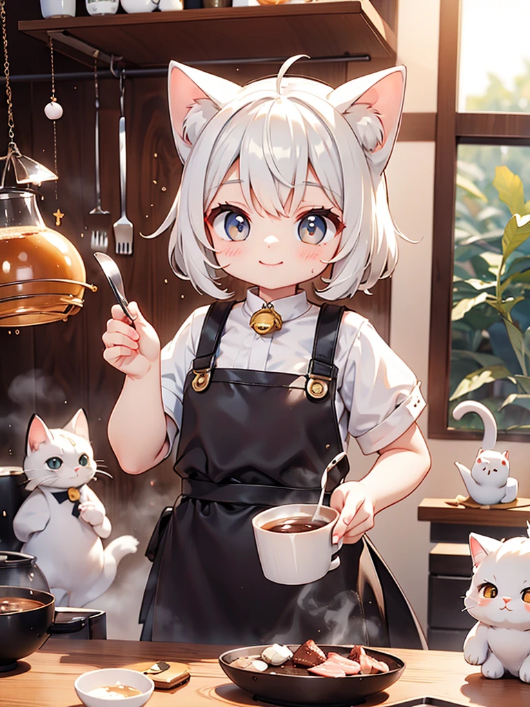 Siamese cat、kitten、 white and gray body hair cutting through meat、 cooking、 is brewing coffee、Smile、 bell on the table、