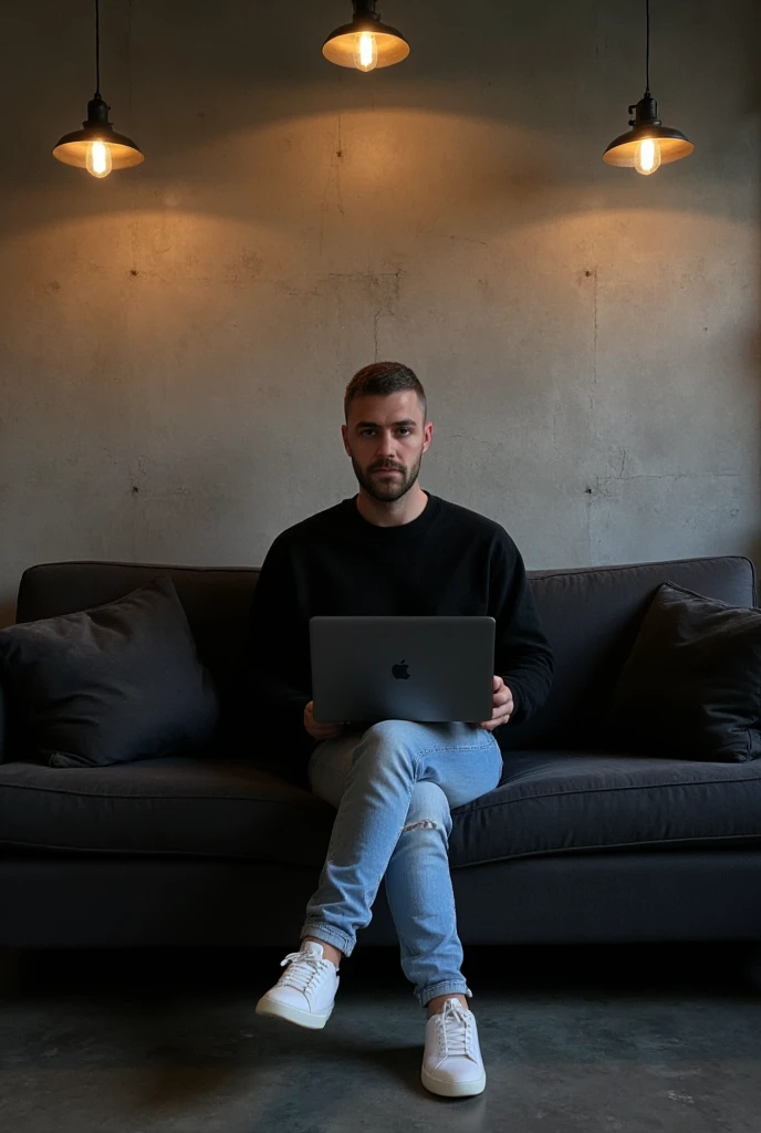 high-resolution photograph of a modern and moody interior setting featuring a man. light skin tone. He has short hair and a neatly trimmed beard and mustache. sitting comfortably on a deep gray couch. He wears an oversized black crewneck sweatshirt and light blue jeans, is focused on his MacBook pro laptop in Space Black color, giving a relaxed and casual posture. He wears clean white sneakers that contrast with the dark couch. The scene is warmly lit by hanging industrial-style pendant lamps. casting soft light and shadows on the textured concrete wall behind him. velvet cushions on the couch add a subtle pop of color, enhancing the cozy and productive atmosphere. The floor is dark concrete , and the space exudes a minimalist, contemporary vibe with an artistic edge. The image composition balances the subject and background, creating a serene and modern mood.