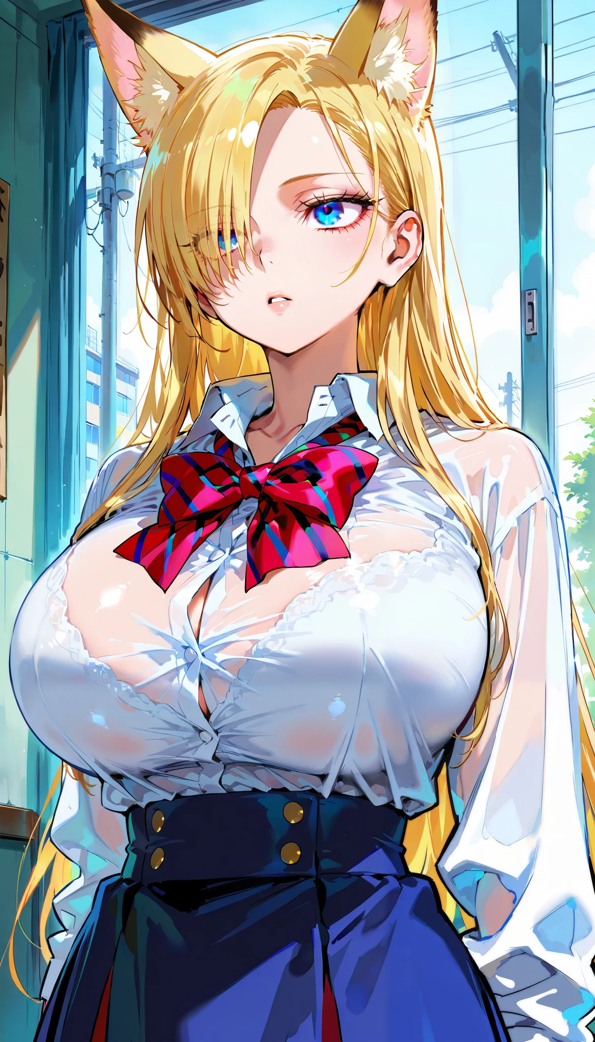 score_9, score_8_up, score_7_up,(hi-quality,high resolution),Cold Stare,(Fox Ears),(forehead,long hair over one eye),((side parted hair)),((huge breasts)),Narrow eyes,Clear Eyes,Perfect Eyes,Blonde,Long Hair,Old room,Magic School Uniform,((Delinquent Girl)),gal,mini skirt, clothes are exposed,