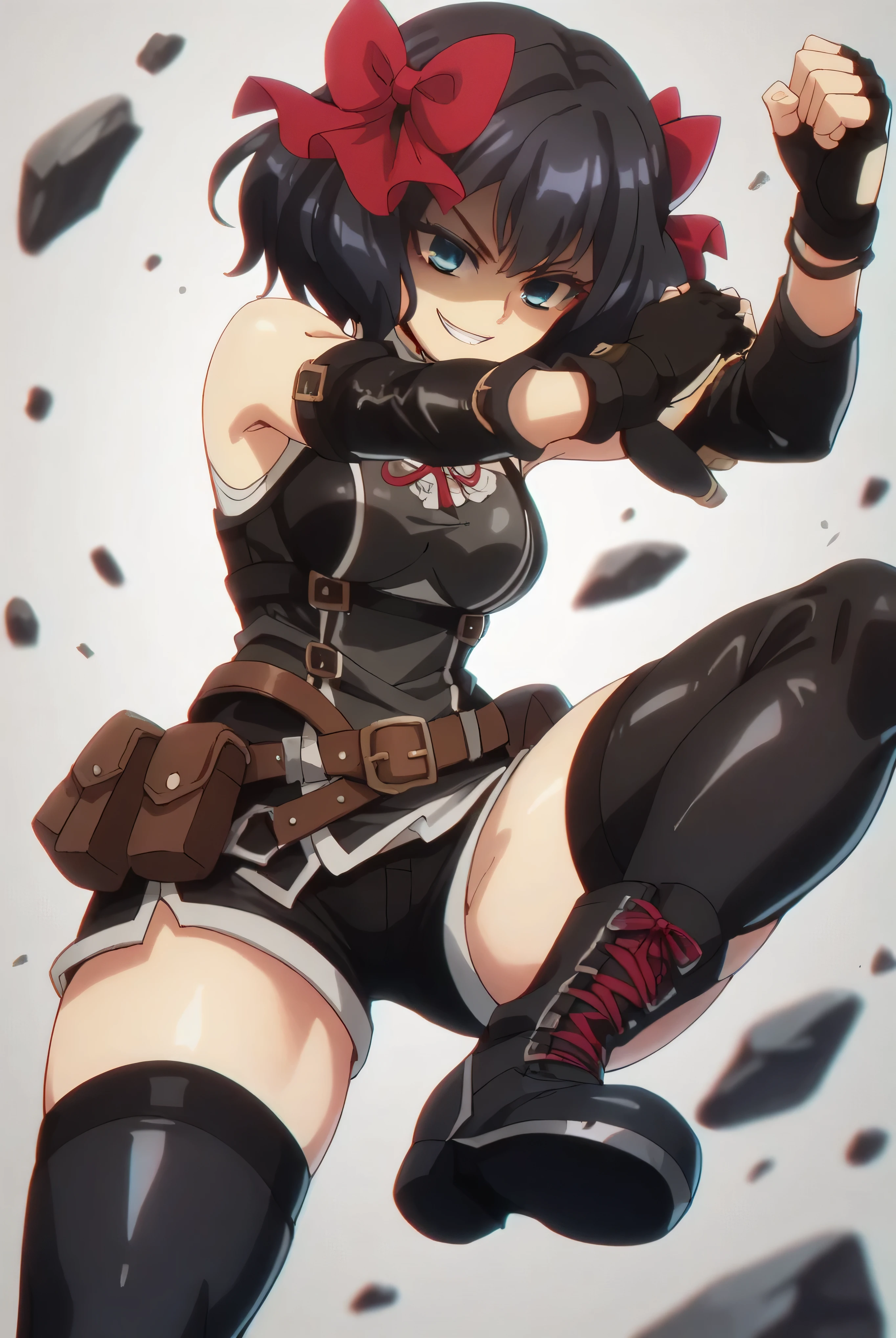 (score_9,score_8_up,score_7_up, ),TXWL_DN,1girl,Alone,black hair,fingerless gloves,thighhighs,blue eyes,short hair,black thighhighs,shade shaded face(eyes in shadow),,red ribbon,black gloves,hair bow,belt,detached sleeves,black latex shorts,belt pouch,cowboy_shot,,,shirt,latex thighhigh_boots,evil smirk,,feet,violence,Devastation,kick,