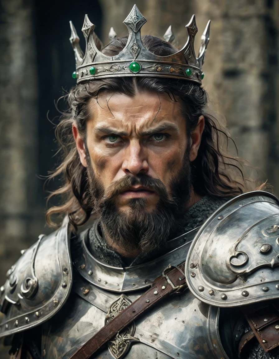 a man holding a sword, crown on head, king inside castle, fantasy style, extremely detailed face, (best quality,4k,8k,highres,masterpiece:1.2),ultra-detailed,(realistic,photorealistic,photo-realistic:1.37),40 year old man, warrior face, chest armor, (epicarmor2024, celtic face, celtic man, strong torso, angry face, scary face, black hair and beard, eyes detail)
