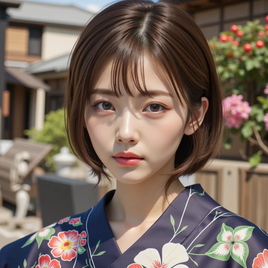 Breathtaking beauty,  perfect composition ,  proper placement , Golden Ratio,  high definition ,  top quality ,  exquisite resolution,  super detailed ,masterpiece,  Photorealistic , 8k,  beautiful Japanese woman, mature adult Japanese woman,  wearing a Japanese yukata ,  flower-patterned yukata :1.331,  flat chest:1.331,  slender body:1.331, Thin limbs:1.331, Slim waist:1.331, Slim waist:1.331,  small butt, COMPLETE ANATOMY :1.331,  have small heads :1.331, Brown Hair,  chignon hair:1.21,  detailed face ,  delicate and realistic oily skin texture , Blurry outdoor background ,  dynamic and emotional movie light,  waiting to start