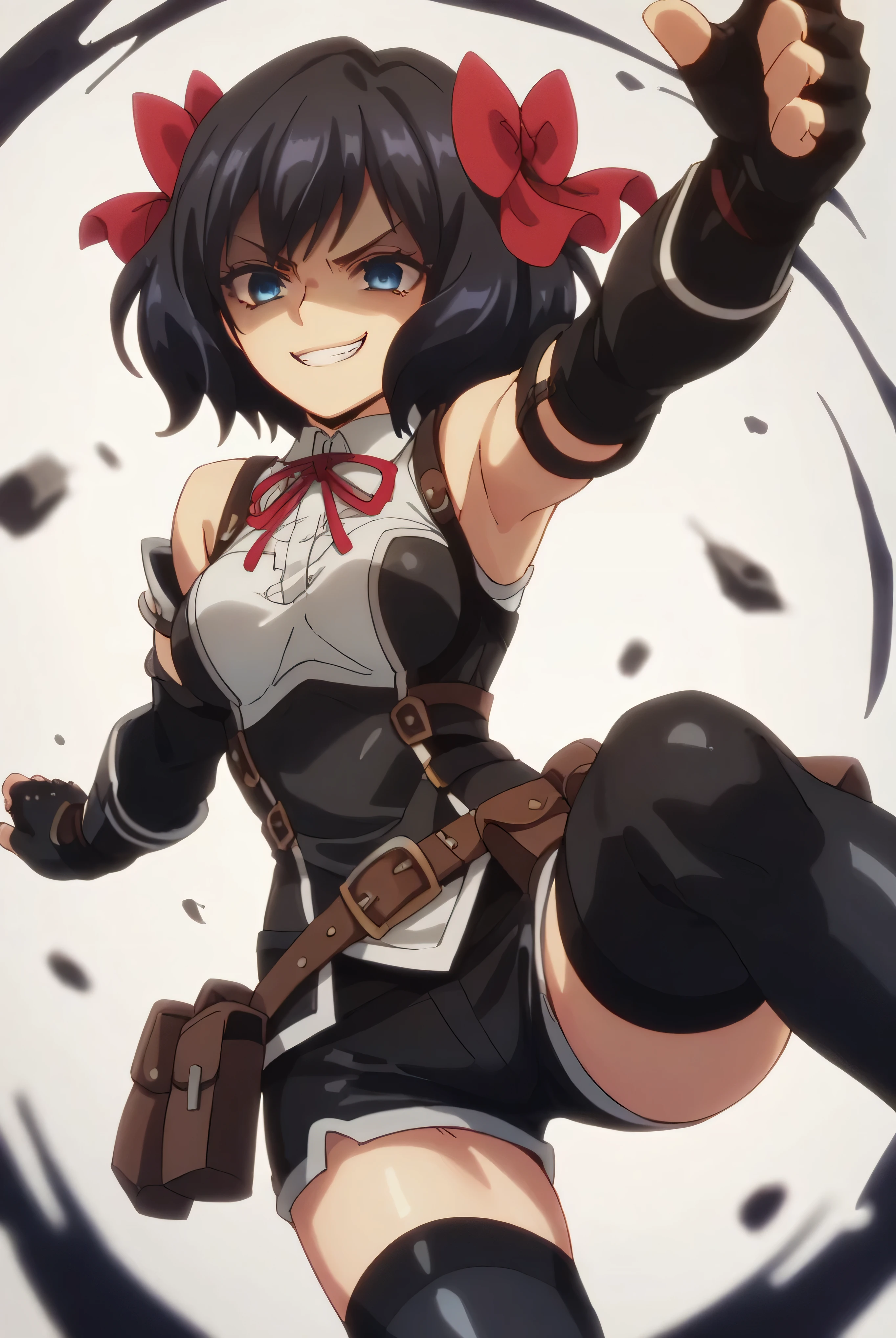 (score_9,score_8_up,score_7_up, ),TXWL_DN,1girl,Alone,black hair,fingerless gloves,thighhighs,blue eyes,short hair,black thighhighs,shade shaded face(eyes in shadow),,red ribbon,black gloves,hair bow,belt,detached sleeves,black latex shorts,belt pouch,cowboy_shot,,,shirt,latex thighhigh_boots,evil smirk,,feet,violence,Devastation,kick,