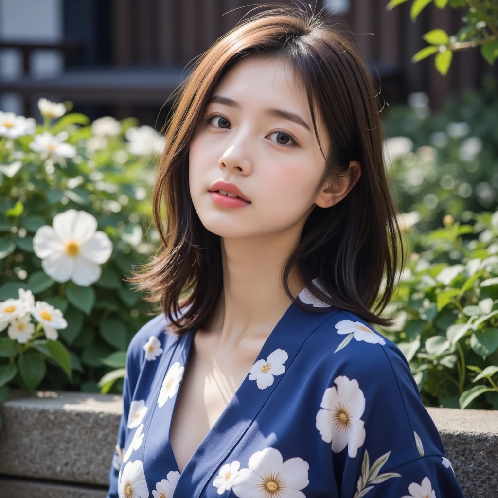 Breathtaking beauty,  perfect composition ,  proper placement , Golden Ratio,  high definition ,  top quality ,  exquisite resolution,  super detailed ,masterpiece,  Photorealistic , 8k,  beautiful Japanese woman, mature adult Japanese woman,  wearing a Japanese yukata ,  flower-patterned yukata :1.331,  flat chest:1.331,  slender body:1.331, Thin limbs:1.331, Slim waist:1.331, Slim waist:1.331,  small butt, COMPLETE ANATOMY :1.331,  have small heads :1.331, Brown Hair,  wave hair included:1.21,  detailed face ,  delicate and realistic oily skin texture , Blurry outdoor background ,  dynamic and emotional movie light,  waiting to start