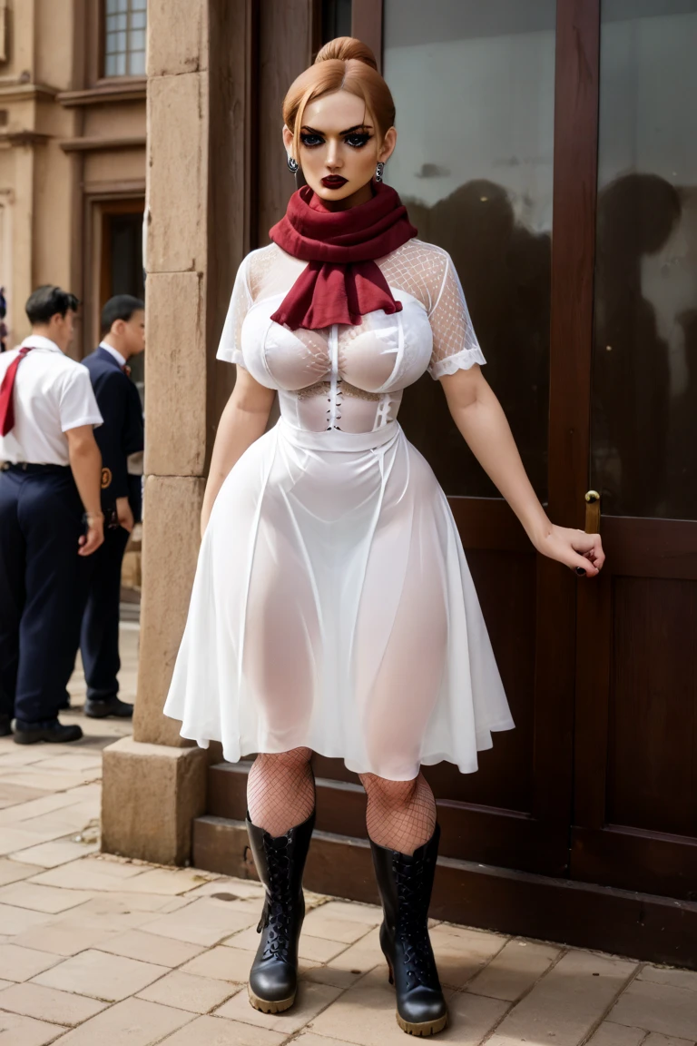 Choso from Jujutsu Kaisen, Choso as a renaissance woman, white sheer see-through top, burgundy corset, burgundy scarf, white dress, choso makeup, double slit skirt, fishnet tights, combat boots, huge natural breasts, NSFW,