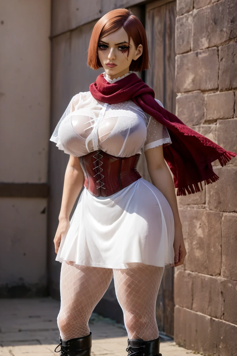 Choso from Jujutsu Kaisen, Choso as a renaissance woman, white sheer see-through top, burgundy corset, burgundy scarf, white dress, choso makeup, double slit skirt, fishnet tights, combat boots, huge natural breasts, NSFW,