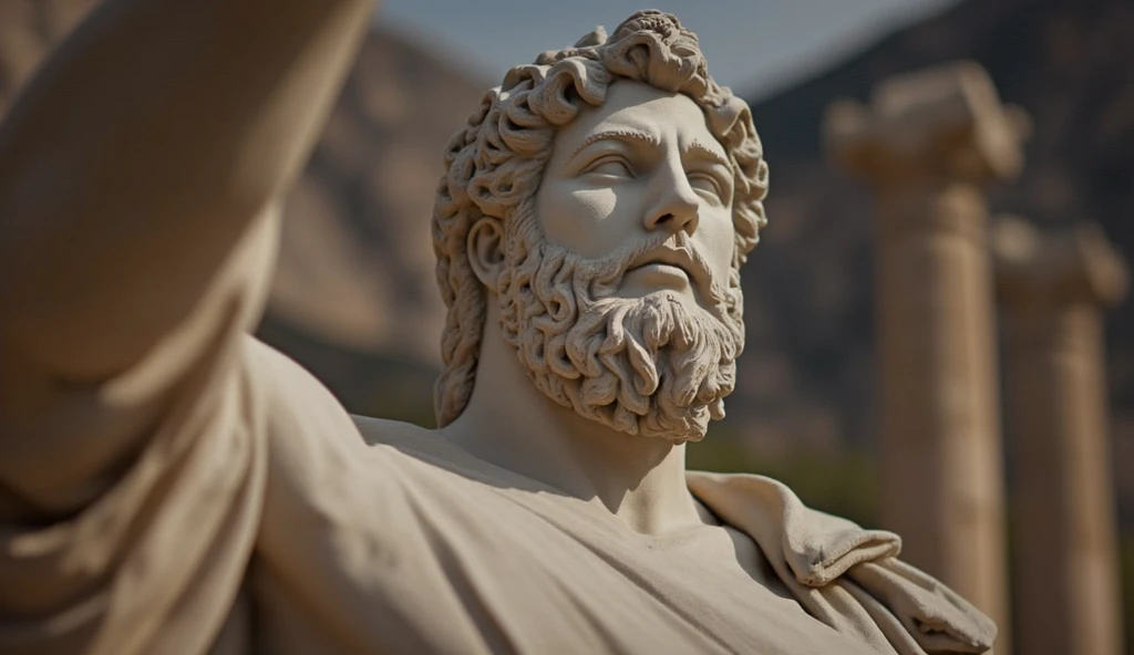 Closeup of a stoic Greek sculpture, virile physiques showcased prominently from the forefront, undeniably reminiscent of a statue of Marcus Aurelius or Zeus, muscle sinews intricately carved in stone, dominant Greek columns obscured gently in the background, cinematic ambiance, 8K resolution, steeped in obsidian hues.