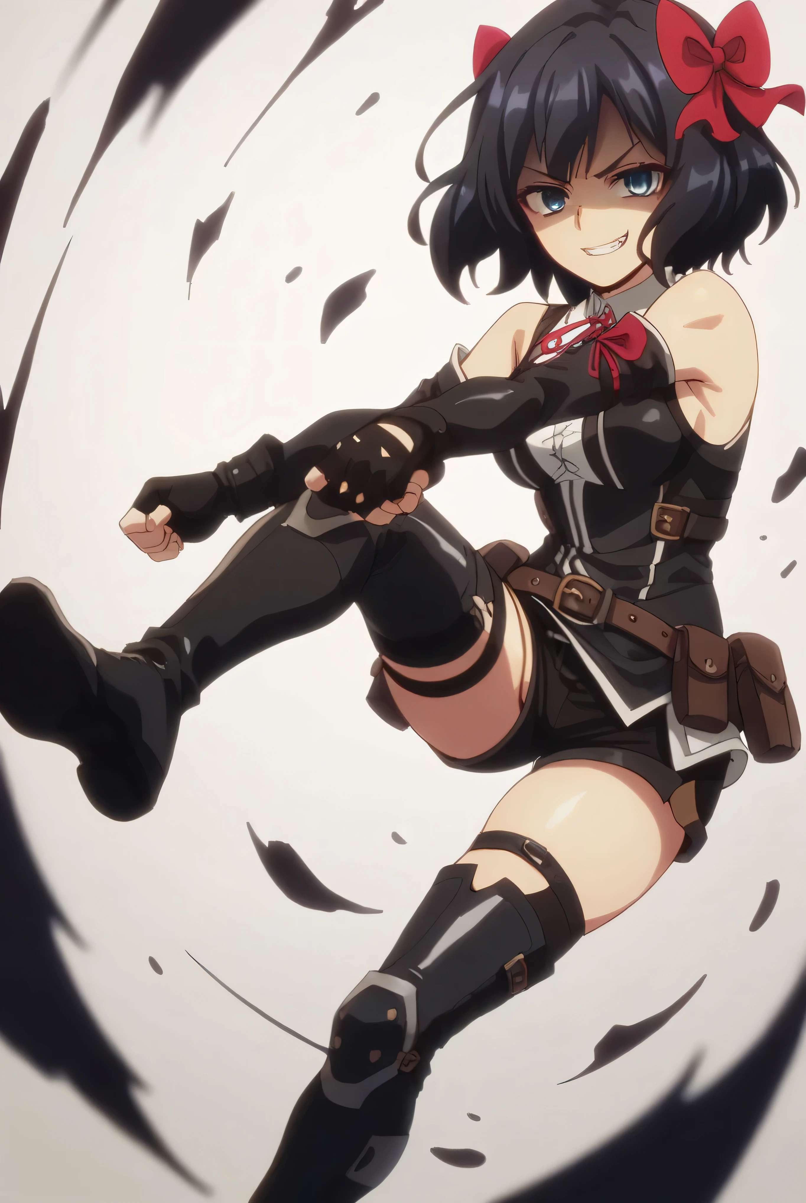 (score_9,score_8_up,score_7_up, ),TXWL_DN,1girl,Alone,black hair,fingerless gloves,thighhighs,blue eyes,short hair,black thighhighs,shade shaded face(eyes in shadow),,red ribbon,black gloves,hair bow,belt,detached sleeves,black latex shorts,belt pouch,cowboy_shot,,,shirt,latex thighhigh_boots,evil smirk,,feet,violence,Devastation,kick,