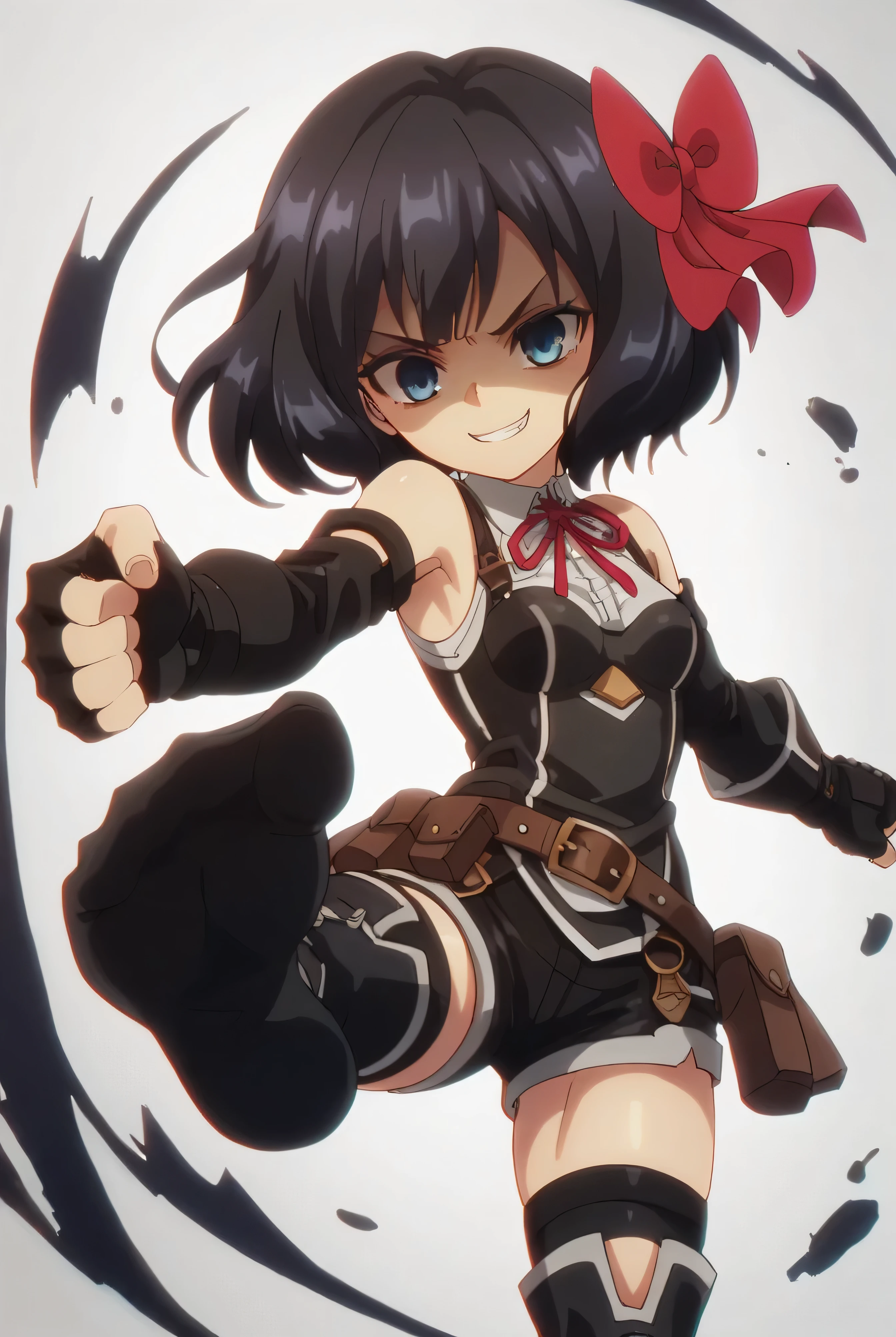 (score_9,score_8_up,score_7_up, ),TXWL_DN,1girl,Alone,black hair,fingerless gloves,thighhighs,blue eyes,short hair,black thighhighs,shade shaded face(eyes in shadow),,red ribbon,black gloves,hair bow,belt,detached sleeves,black latex shorts,belt pouch,cowboy_shot,,,shirt,latex thighhigh_boots,evil smirk,,feet,violence,Devastation,kick,