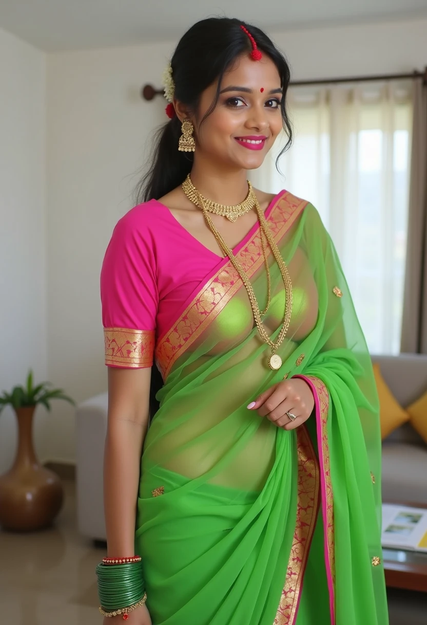 Rashmi aunty a hot indian traditional married milf was wearing a green transparent saree, which had a pink border, and a pink blouse. She was wearing pink lipstick on her lips and green bangles in her hand. With Red bindi on head and big boobs and big cleavage blouse in white living room 