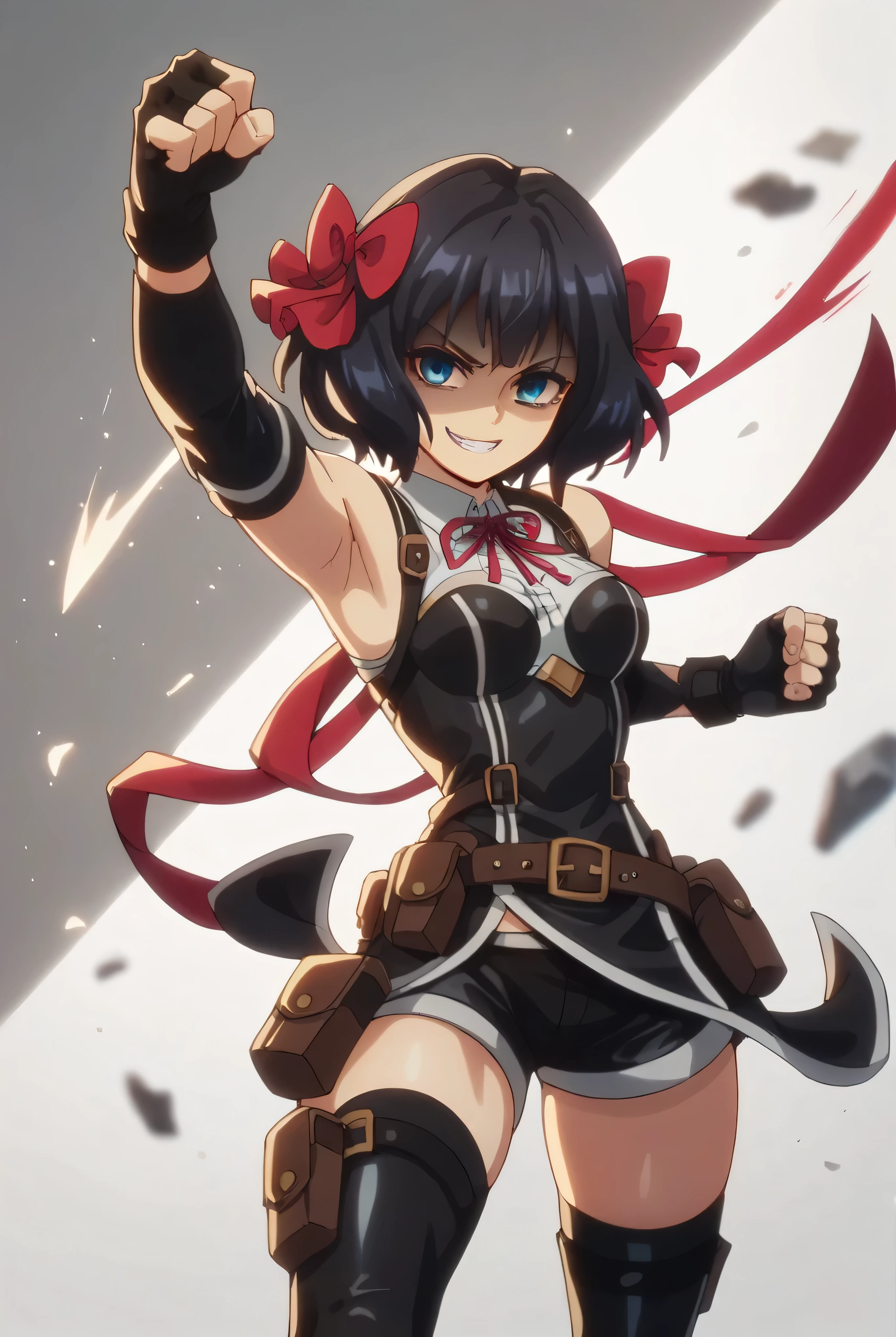 (score_9,score_8_up,score_7_up, ),TXWL_DN,1girl,Alone,black hair,fingerless gloves,thighhighs,blue eyes,short hair,black thighhighs,shade shaded face(eyes in shadow),,red ribbon,black gloves,hair bow,belt,detached sleeves,black latex shorts,belt pouch,cowboy_shot,,,shirt,latex thighhigh_boots,evil smirk,,feet,violence,Devastation,kick,