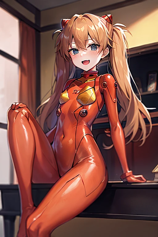 (( top quality )), ((masterpiece)), (be familiar with),  perfect face, indoor, bedroom,  watching viewers,
One woman,  Soryu Asuka Langley,
 open mouth,  ecstatic expression beside the piano, blush, smile,
 small tits,  flat chest, Young girl, Lori,  s,  girl,
 long hair,  Twin Tails ,
Leg spread,