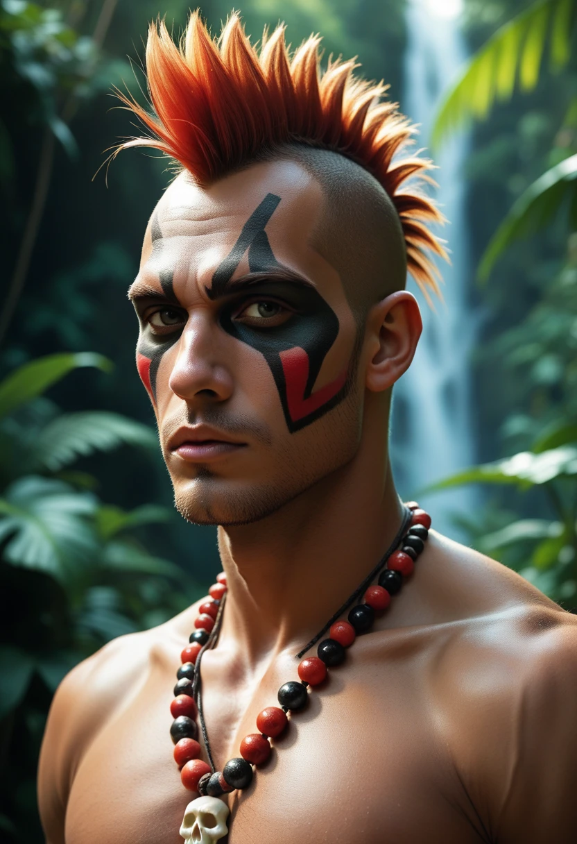 soldier, fantasy, dynamic lighting, fantasy art, high detail, dramatic lighting, forest, bokeh, strong, bloody, scarred body, aggressive face, (((torn rags ))), (((pants))), scars, bald head, dirty,bust,yellow eyes