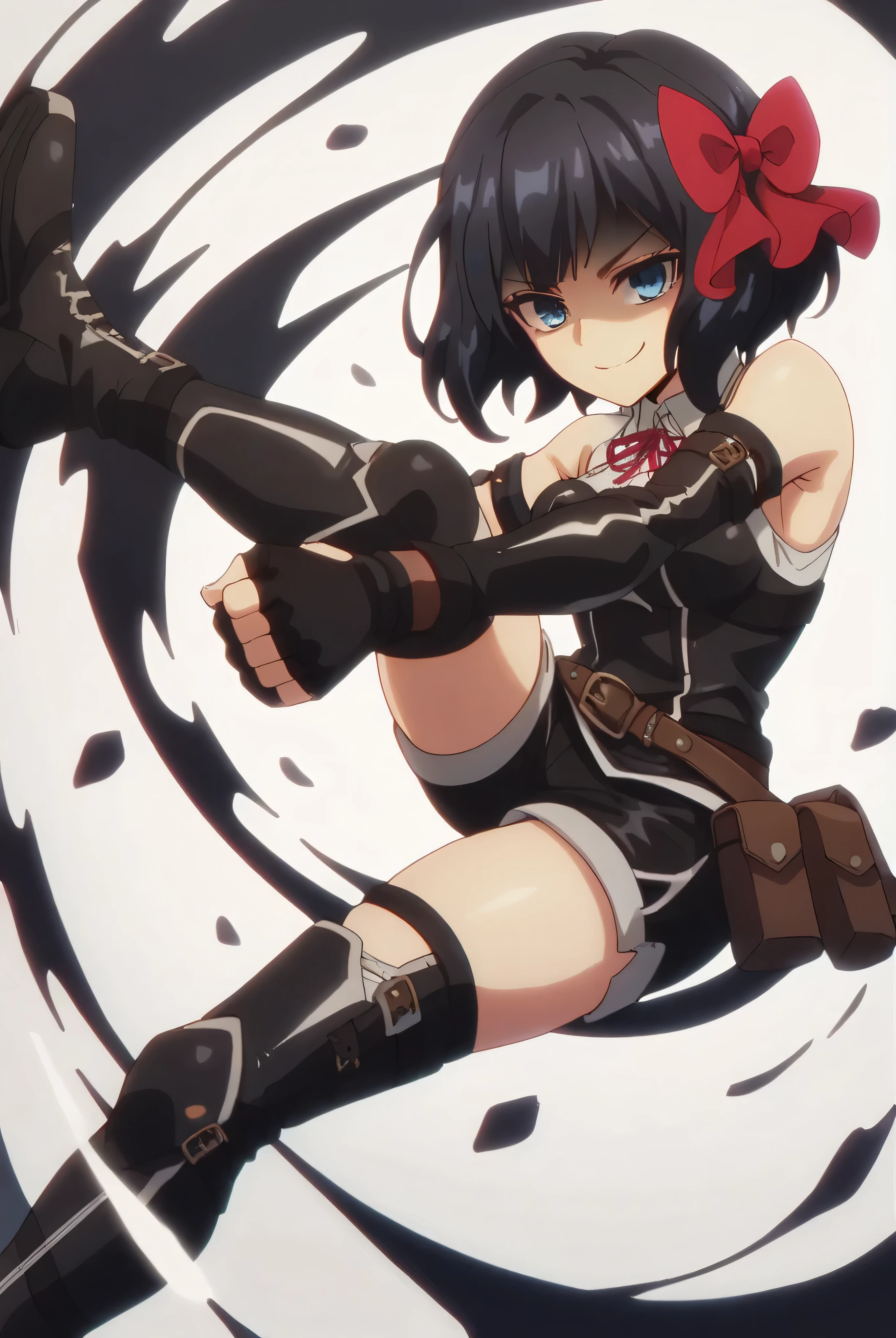 (score_9,score_8_up,score_7_up, ),TXWL_DN,1girl,Alone,black hair,fingerless gloves,thighhighs,blue eyes,short hair,black thighhighs,shade shaded face(eyes in shadow),,red ribbon,black gloves,hair bow,belt,detached sleeves,black latex shorts,belt pouch,cowboy_shot,,,shirt,latex thighhigh_boots,evil smirk,,feet,,Devastation,kick,