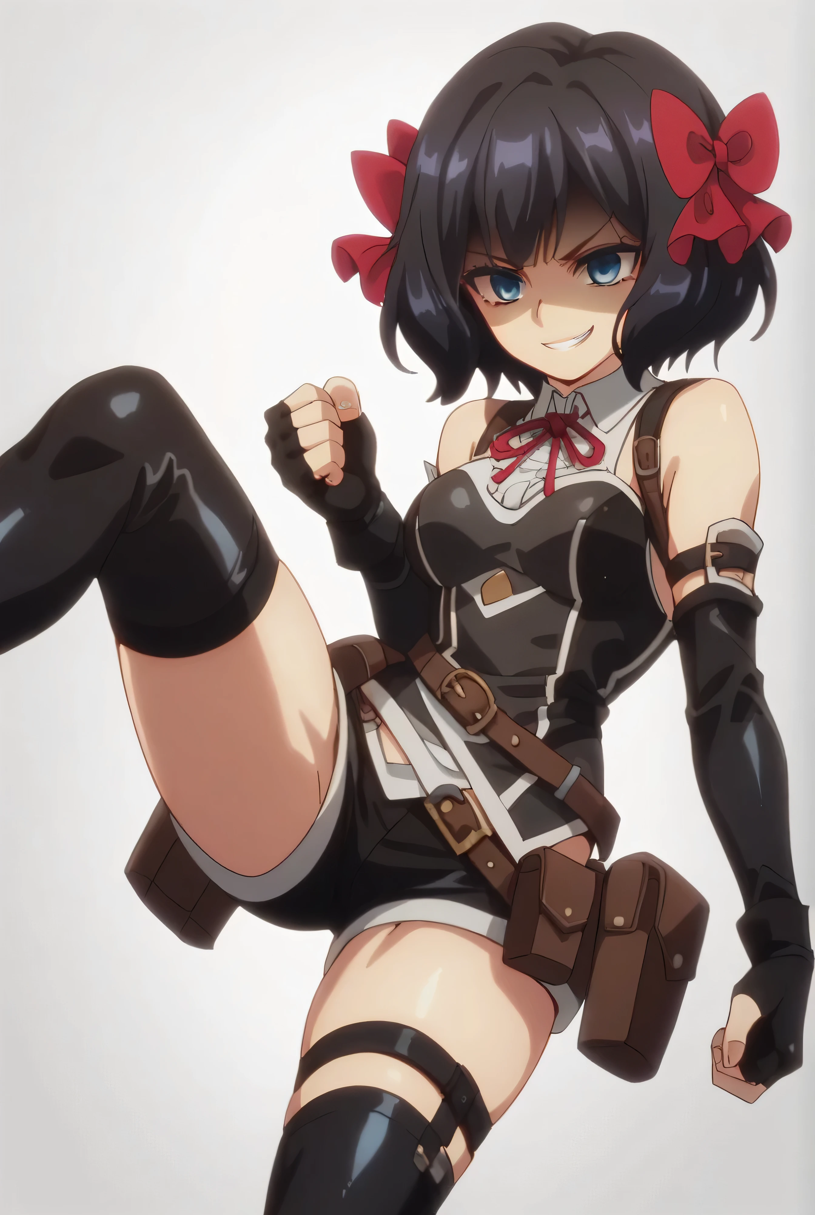 (score_9,score_8_up,score_7_up, ),TXWL_DN,1girl,Alone,black hair,fingerless gloves,thighhighs,blue eyes,short hair,black thighhighs,shade shaded face(eyes in shadow),,red ribbon,black gloves,hair bow,belt,detached sleeves,black latex shorts,belt pouch,cowboy_shot,,,shirt,latex thighhigh_boots,evil smirk,,feet,,Devastation,kick,