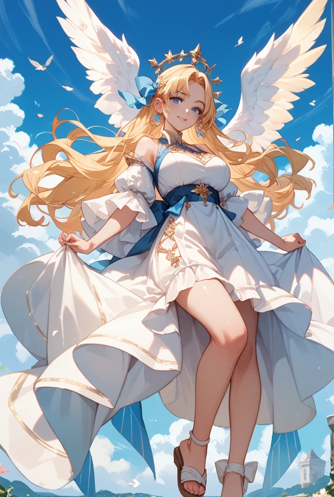 (masterpiece, highest quality, high resolution: 1.4), detailed, intricate details, beautiful girl with smiling eyes, angel wings, floral hair ornament, shine above head, light, soft impression, star, missha, flower garden, 4K, glitter, color splash, line art, art, fibonacci,