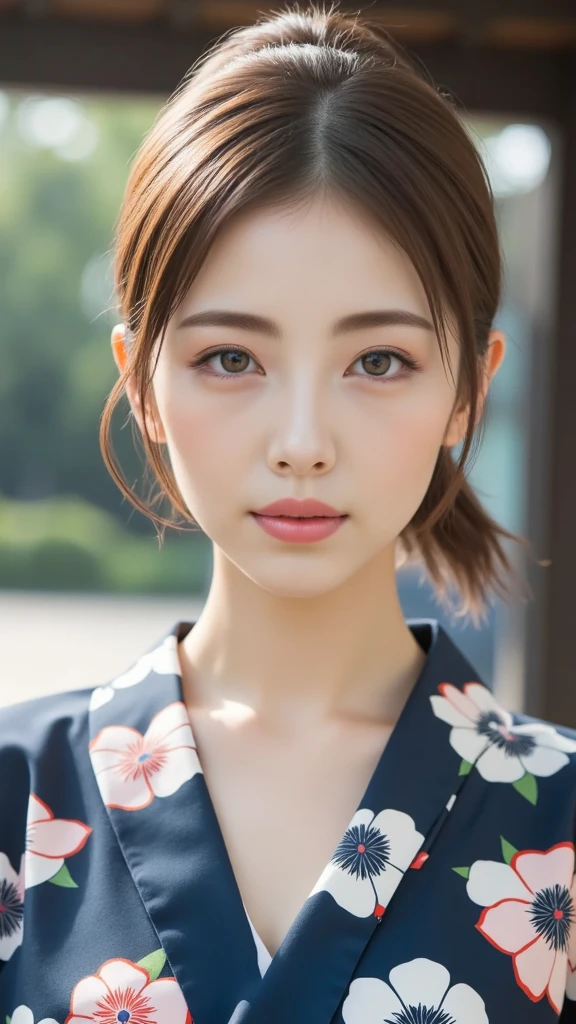 Breathtaking beauty,  perfect composition ,  proper placement , Golden Ratio,  high definition ,  top quality ,  exquisite resolution,  super detailed ,masterpiece,  Photorealistic , 8k,  beautiful Japanese woman, mature adult Japanese woman,  wearing a Japanese yukata ,  flower-patterned yukata :1.331,  flat chest:1.331,  slender body:1.331, Thin limbs:1.331, Slim waist:1.331, Slim waist:1.331,  small butt, COMPLETE ANATOMY :1.331,  have small heads :1.331, Brown Hair,  wave hair included:1.21,  detailed face ,  delicate and realistic oily skin texture , Blurry outdoor background ,  dynamic and emotional movie light,  waiting to start