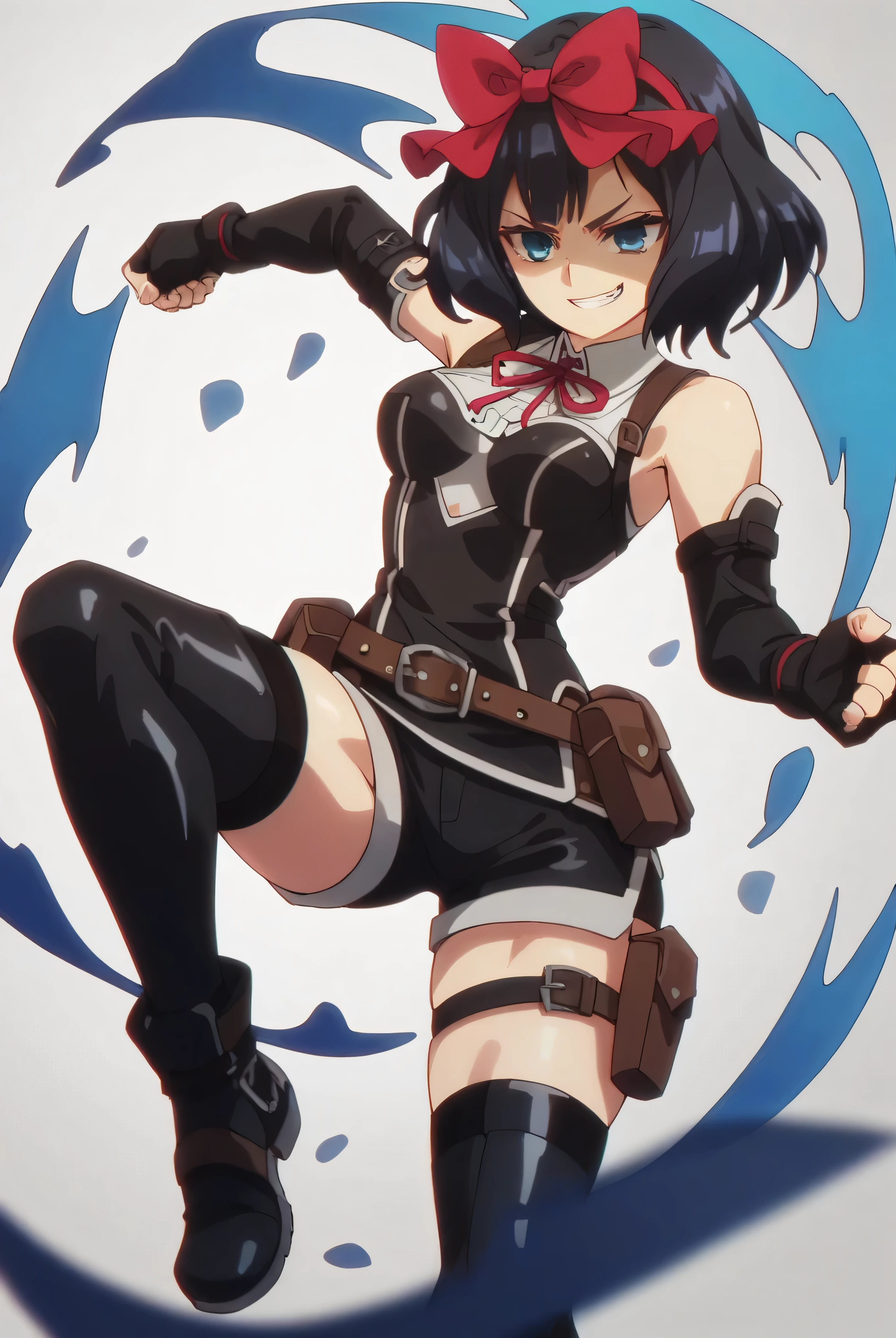 (score_9,score_8_up,score_7_up, ),TXWL_DN,1girl,Alone,black hair,fingerless gloves,thighhighs,blue eyes,short hair,black thighhighs,shade shaded face(eyes in shadow),,red ribbon,black gloves,hair bow,belt,detached sleeves,black latex shorts,belt pouch,cowboy_shot,,,shirt,latex thighhigh_boots,evil smirk,,feet,,Devastation,kick,