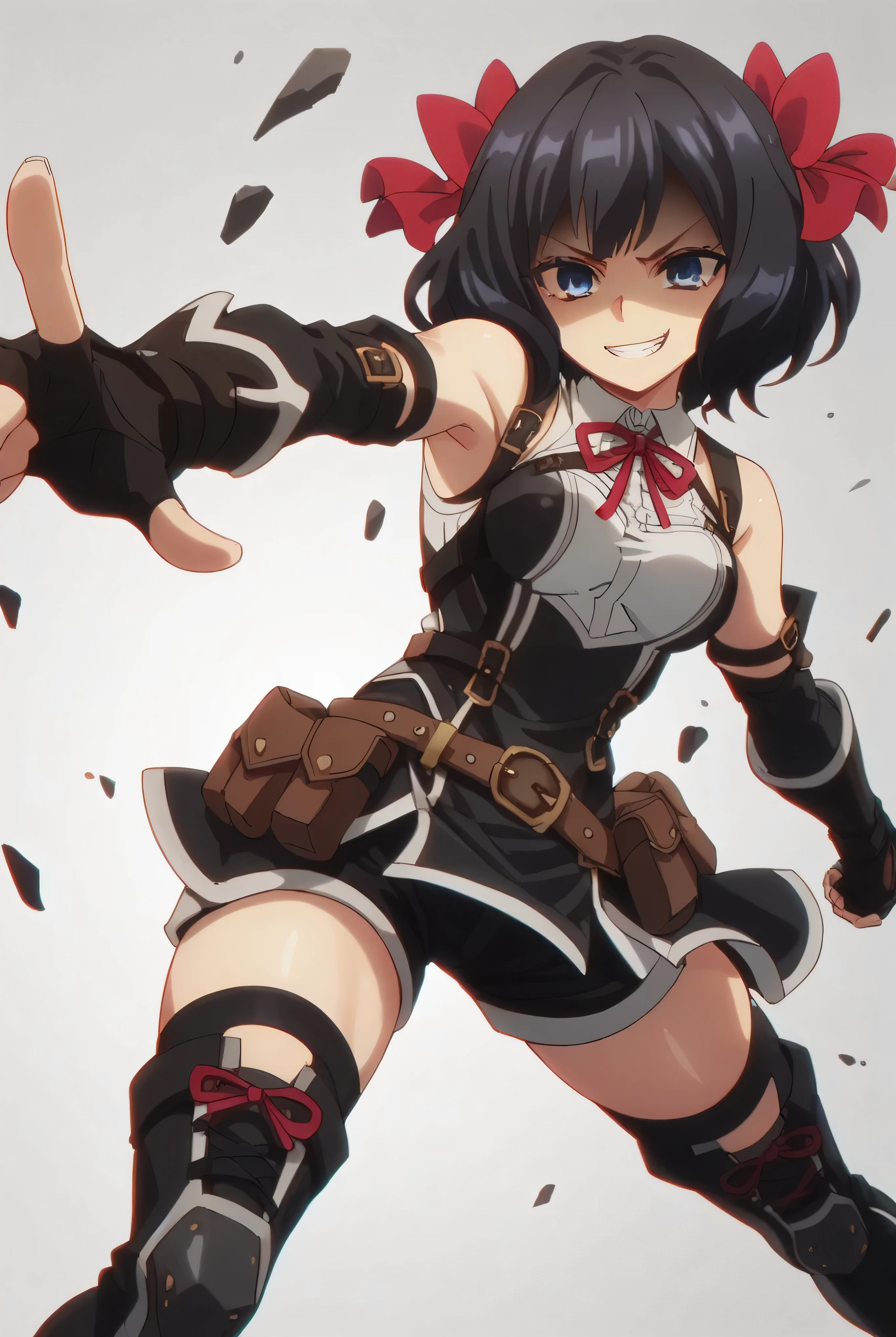 (score_9,score_8_up,score_7_up, ),TXWL_DN,1girl,Alone,black hair,fingerless gloves,thighhighs,blue eyes,short hair,black thighhighs,shade shaded face(eyes in shadow),,red ribbon,black gloves,hair bow,belt,detached sleeves,black latex shorts,belt pouch,cowboy_shot,,,shirt,latex thighhigh_boots,evil smirk,,feet,,Devastation,kick,