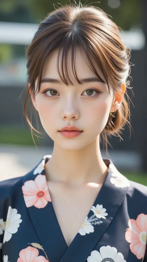 Breathtaking beauty,  perfect composition ,  proper placement , Golden Ratio,  high definition ,  top quality ,  exquisite resolution,  super detailed ,masterpiece,  Photorealistic , 8k,  beautiful Japanese woman, mature adult Japanese woman,  wearing a Japanese yukata ,  flower-patterned yukata :1.331,  flat chest:1.331,  slender body:1.331, Thin limbs:1.331, Slim waist:1.331, Slim waist:1.331,  small butt, COMPLETE ANATOMY :1.331,  have small heads :1.331, Brown Hair,  wave hair included:1.21,  detailed face ,  delicate and realistic oily skin texture , Blurry outdoor background ,  dynamic and emotional movie light,  waiting to start