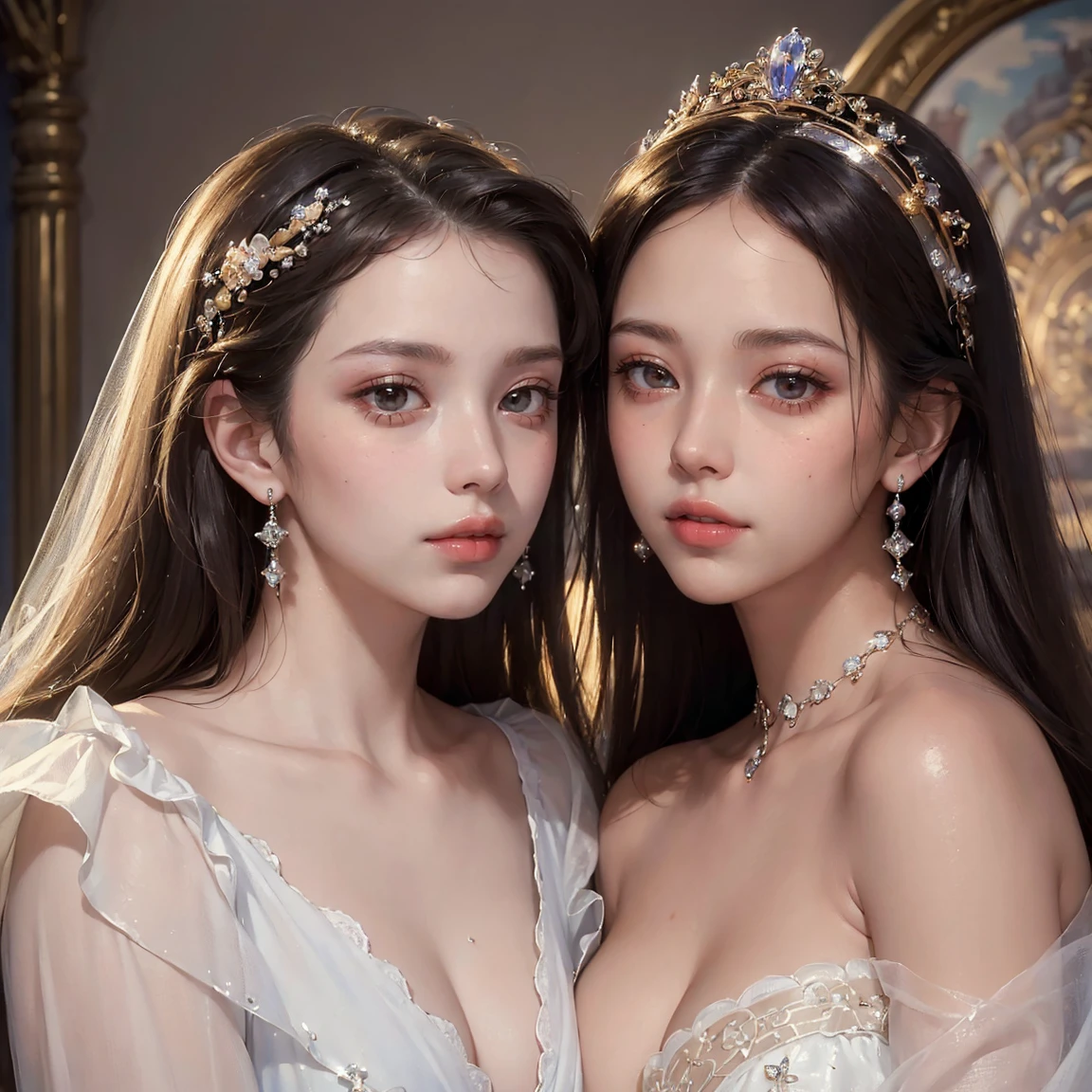 (best quality, 8K, masterpiece)), ultra detailed, sharp focus, ((ultra realistic photo)), beautiful woman, 18yo, elaborate design dress, gorgeous jewery, tiara, highly detailed face and skin texture, ((detailed eyes)), ((beautiful eyes:1.4)), (smile:1.15), (closed mouth), three-quarter length, (2girls, soulmate, eye contact, cheek to cheek, kiss:1.2)