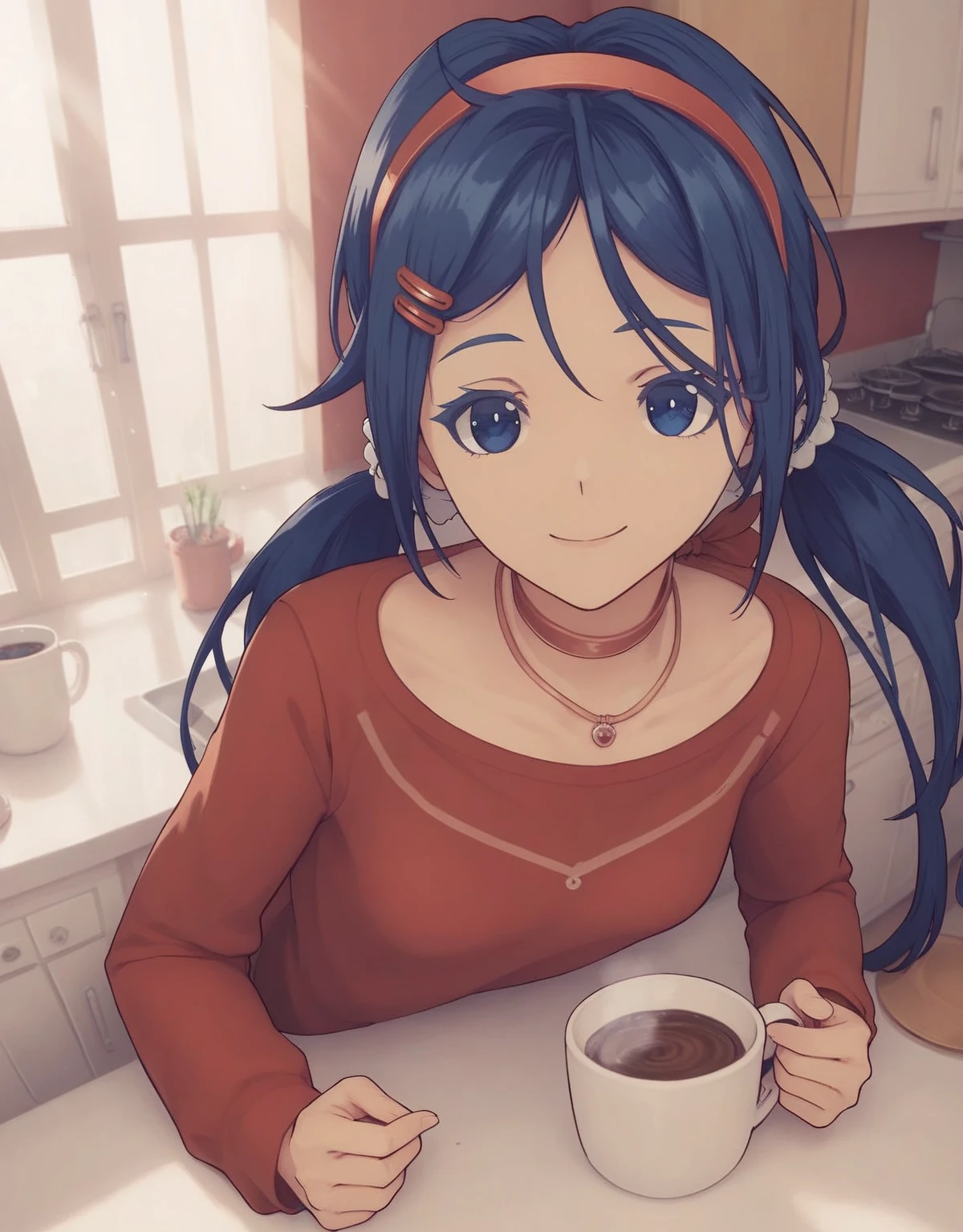 hair swings ,  Cool smile ,over a cup of coffee,
 mitabase , itsmita 1 girl  ,  hair ornament,  long hair,  hairband,  hairpin , twintails,  blue eyes ,  blue hair , red  hairband, necklace,  long sleeves,  shirt , clavicle, red  shirt ,  medium chest ,in the kitchen,echid face  ((( background: kitchen))), (score_9, score_8_up, score_7_up)