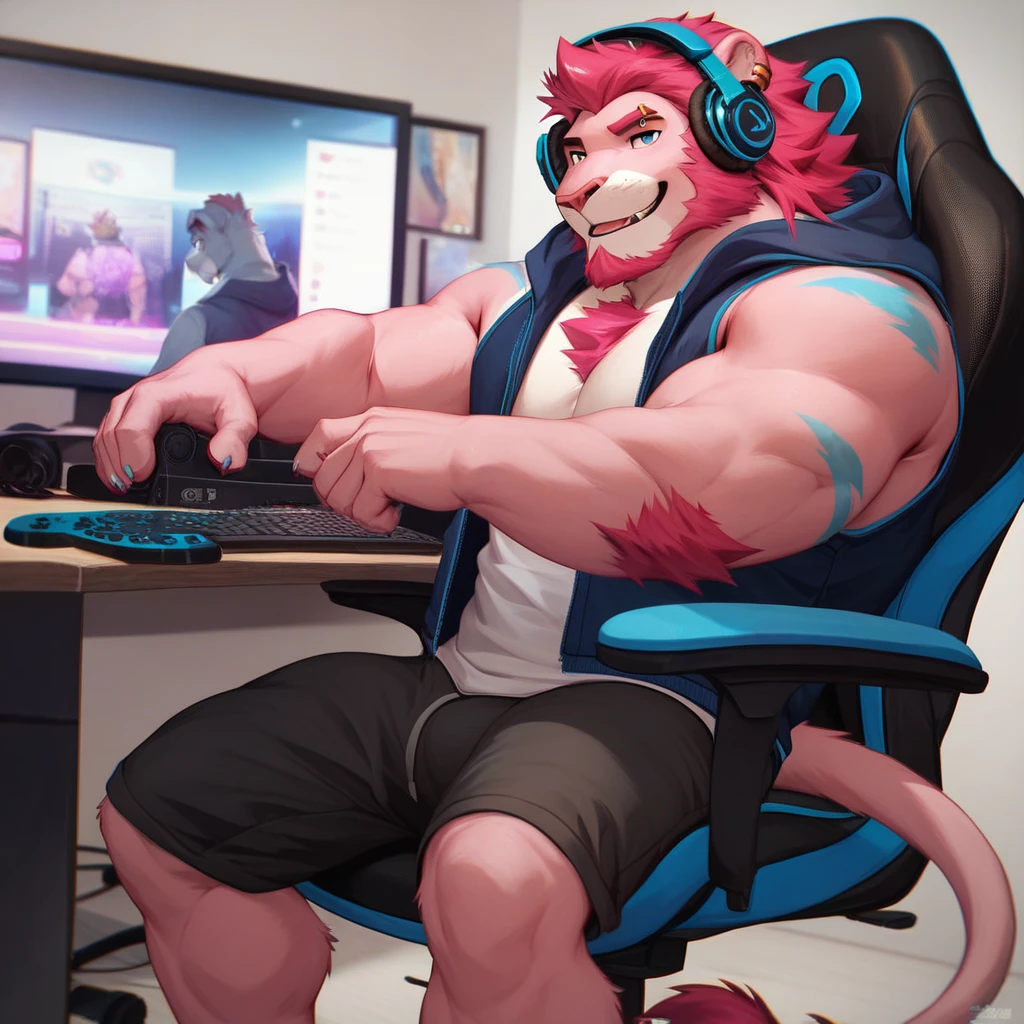 A fox, anthromorphic , red body, adult, short beard,  wearing a hooded vest , piercing, and some headphones , pose,  sitting in a gamer chair,  in a simple room , 4k