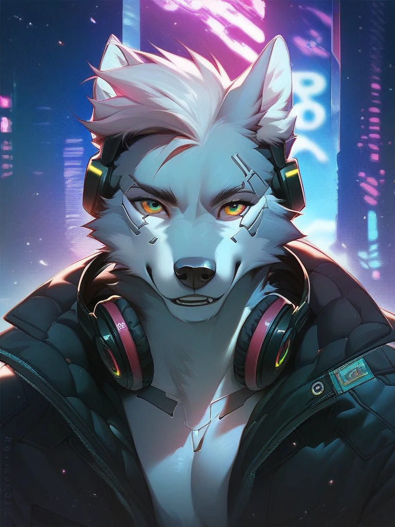 A white hyena, solo, anthropomorphic, sits ponderingly on a couch in a cityscape, lit dramatically from behind. He wears a neon cyberpunk jacket with intricate vaporwave patterns, his closed eyes concealed by headphones playing soft, melancholic beats. Detailed lighting illuminates his white, two-tone fur, and the vignette effect of the bokeh background enhances the epic atmosphere. White stripes on his pants and intricate details on his boots add to the hyperdetailed, cinematic shot. The intricate shading of his features convey a fierce expression, contrasted by the peaceful scene. The white background of Saturn in the distance