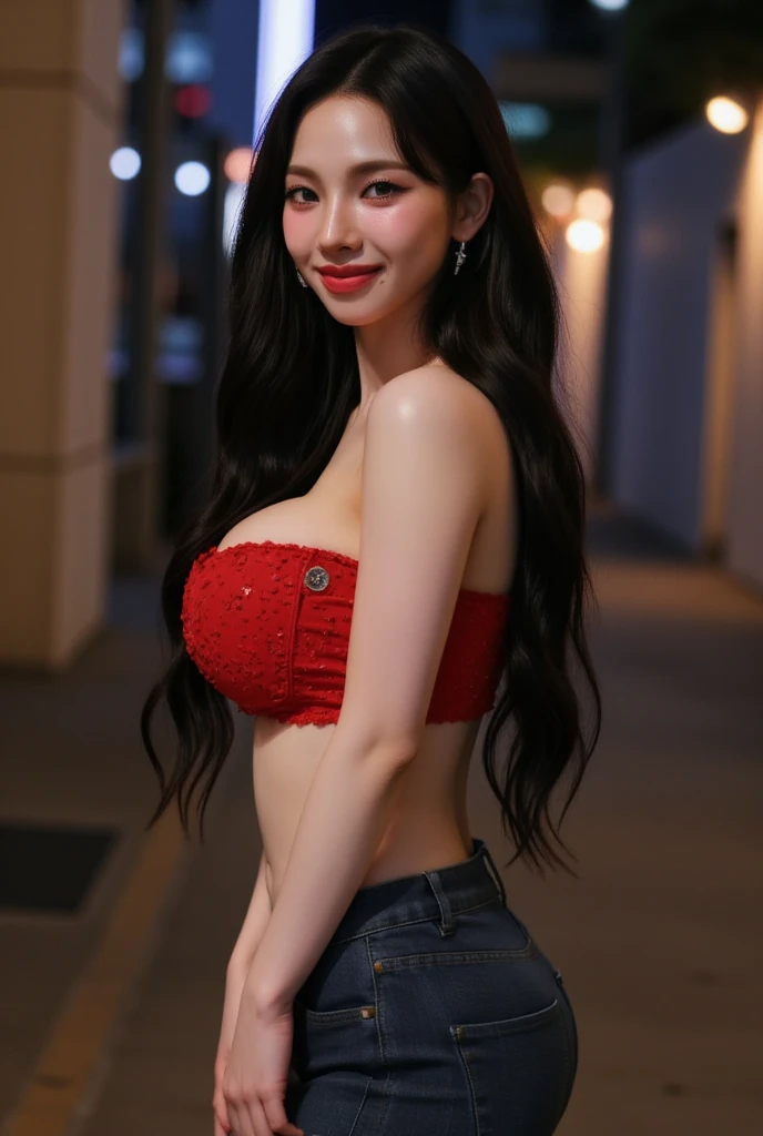 (masterpiece,  top quality: 1.2), Alone,(((Low-angle shot))), (red underwear),  jean denim pants, black hair, radiant skin, earring, blushes,(narrow alley),night,  big boobs, huge boobs ,  pink areolas ,  pink lips ,smart nose,(Walking figure), side view , Beautiful Lighting ,shy expression, shy face,smile around the mouth ,Open your mouth,Paparazzi,photoshoot pose,sexy pose,Ride a motorcycle Close-Up, Below,  low angle view ,  with a surprised expression seen through the eyes of a bug , ceiling,  beautiful lighting , Under the skirt
